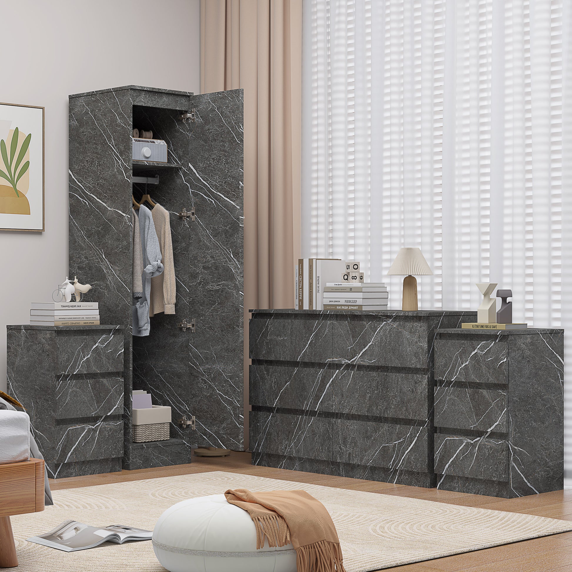4pc grey marble wardrobe set 1 door 6 draw 2 bedsides