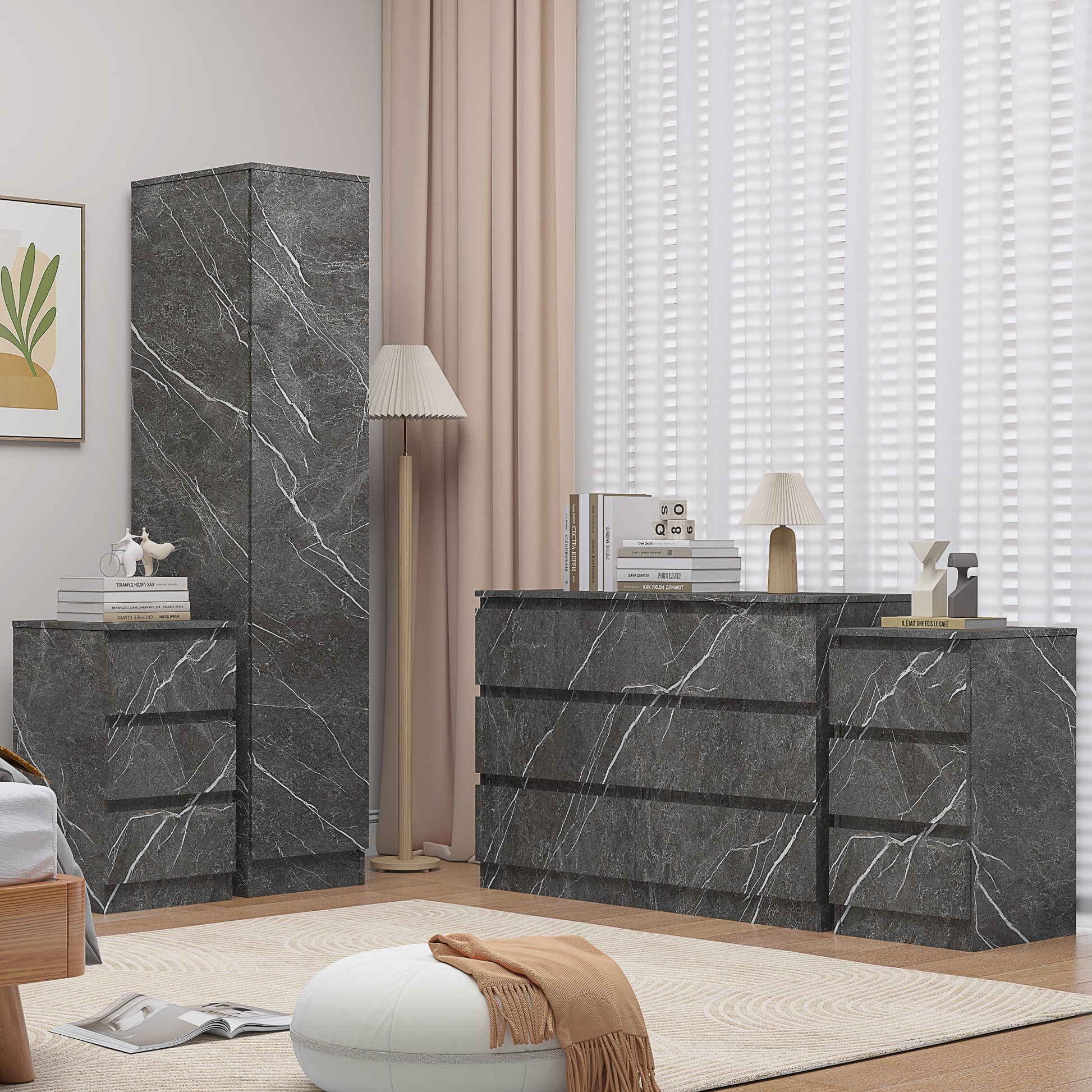 4pc grey marble wardrobe set 1 door 6 draw 2 bedsides