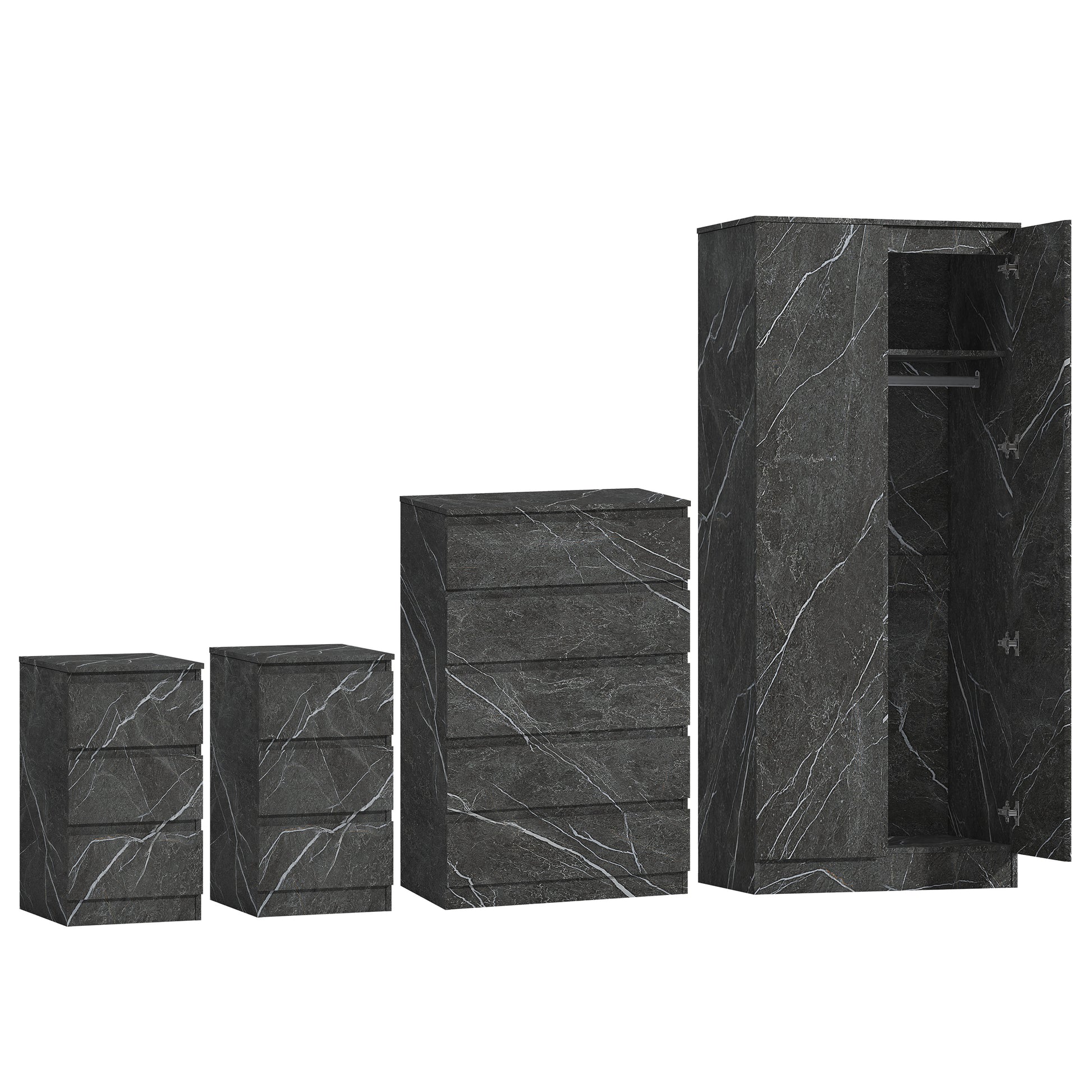 4pc grey marble wardrobe set 2 door 5 draw 2 bedsides