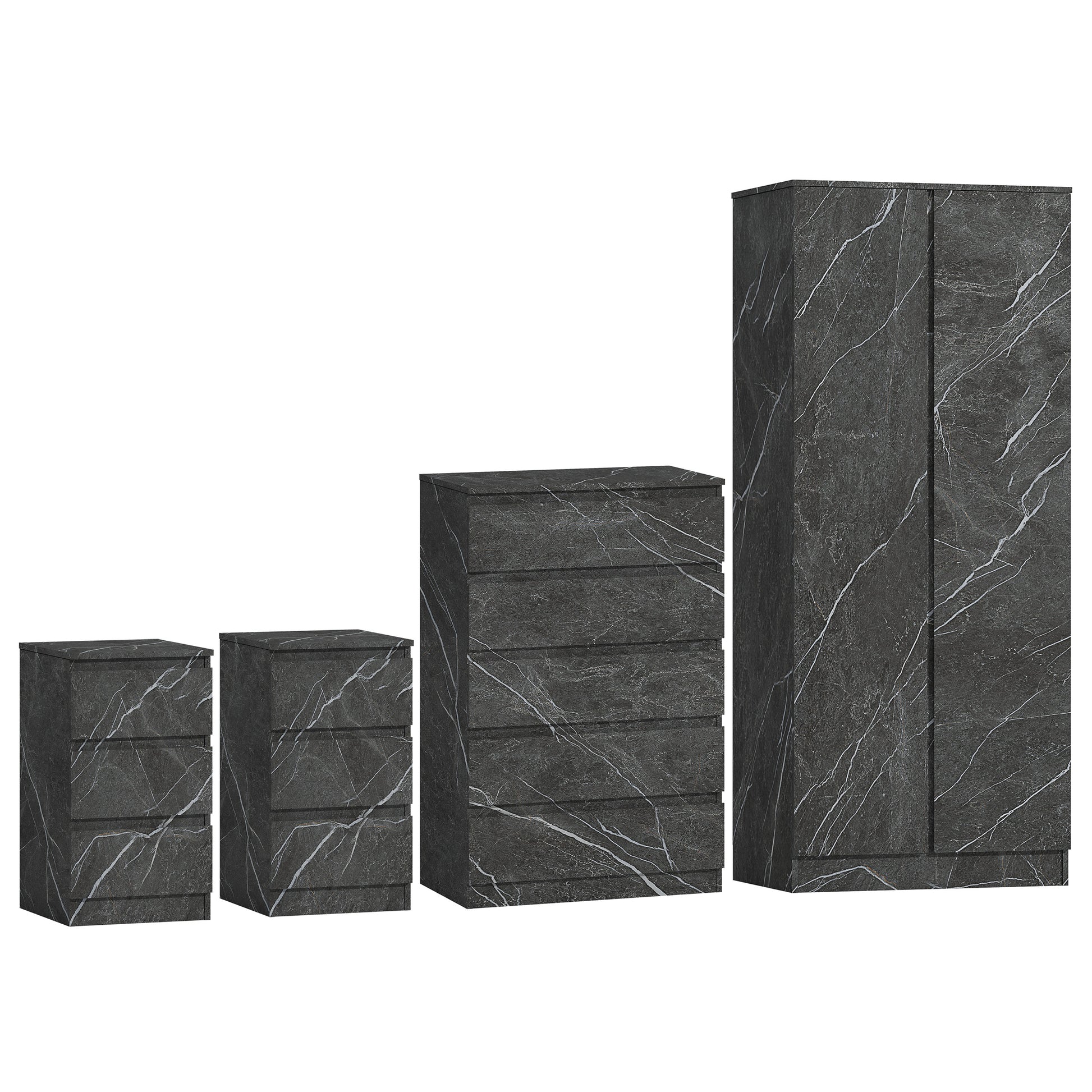 4pc grey marble wardrobe set 2 door 5 draw 2 bedsides