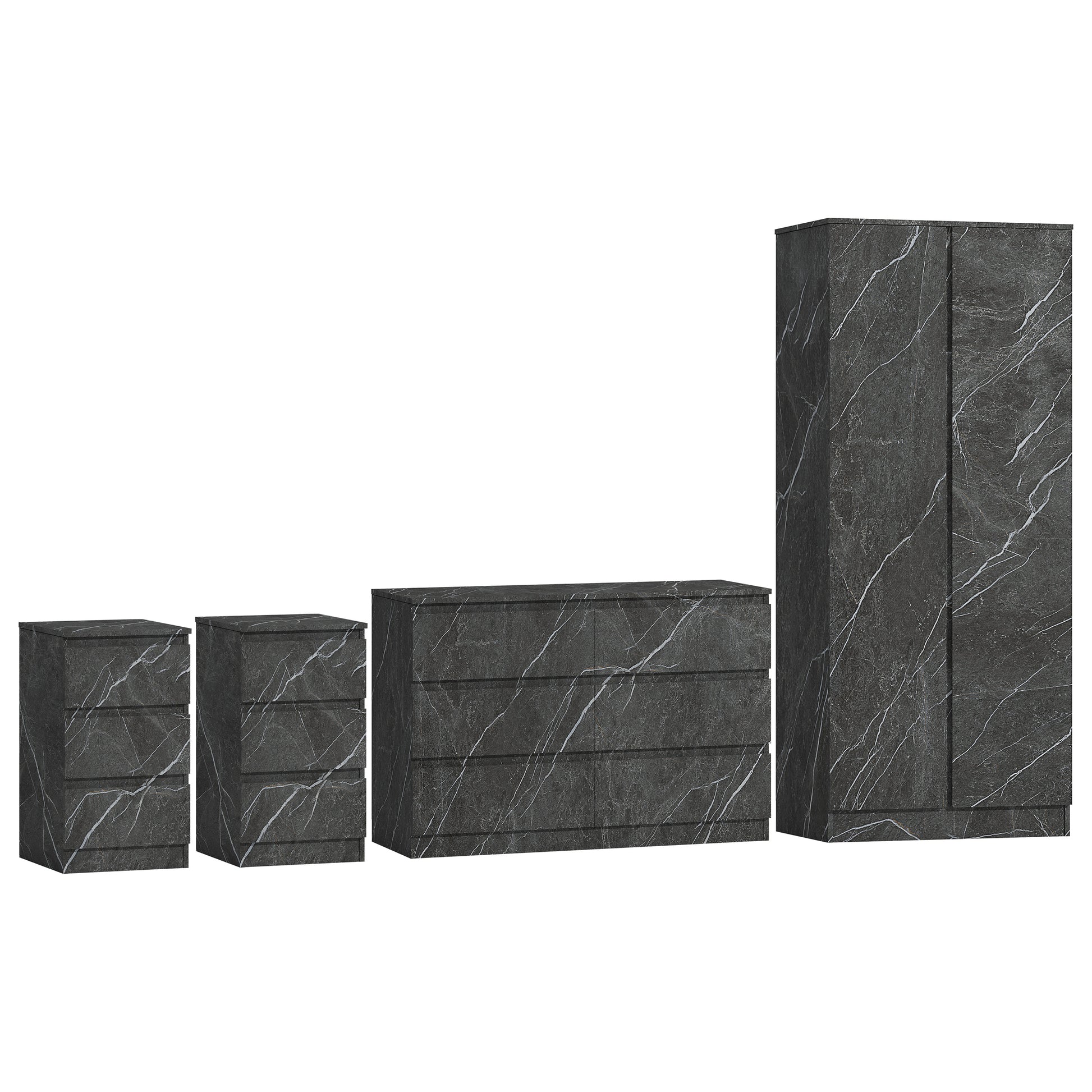 4pc grey marble wardrobe set 2 door 6 draw 2 bedsides