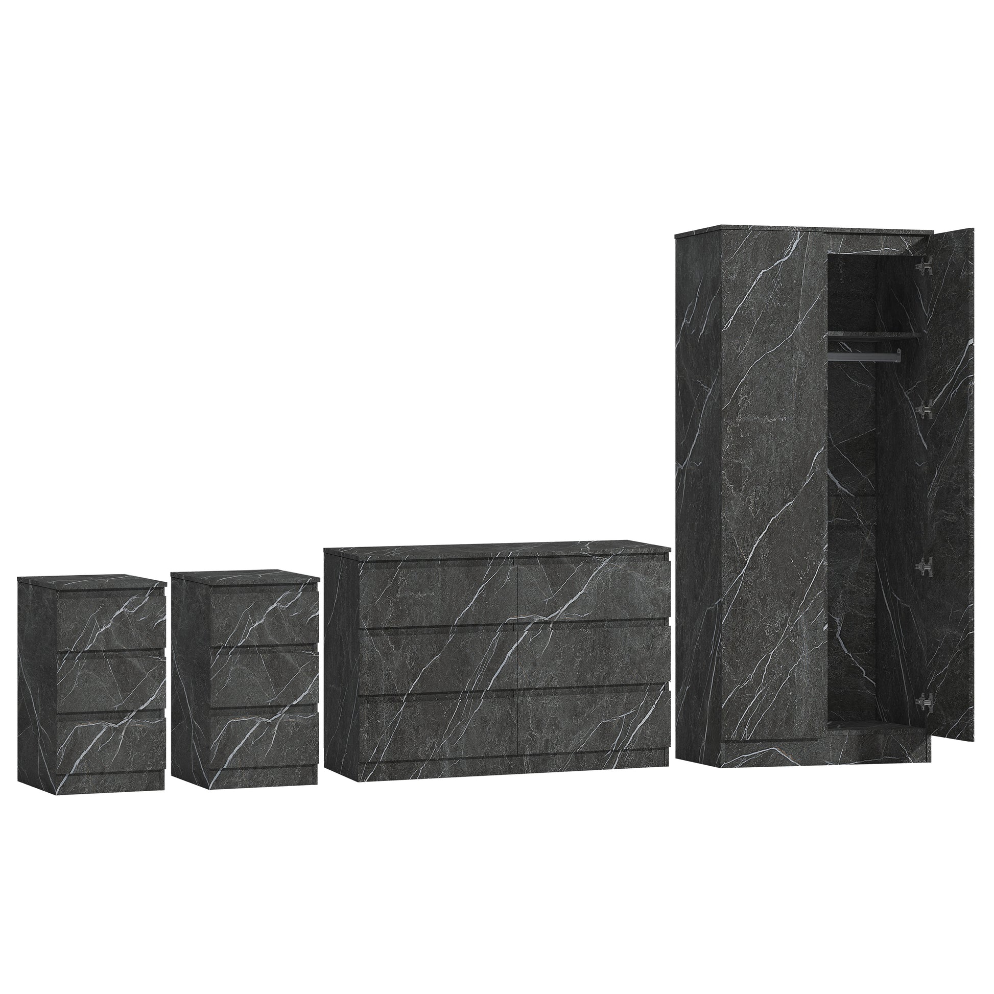 4pc grey marble wardrobe set 2 door 6 draw 2 bedsides