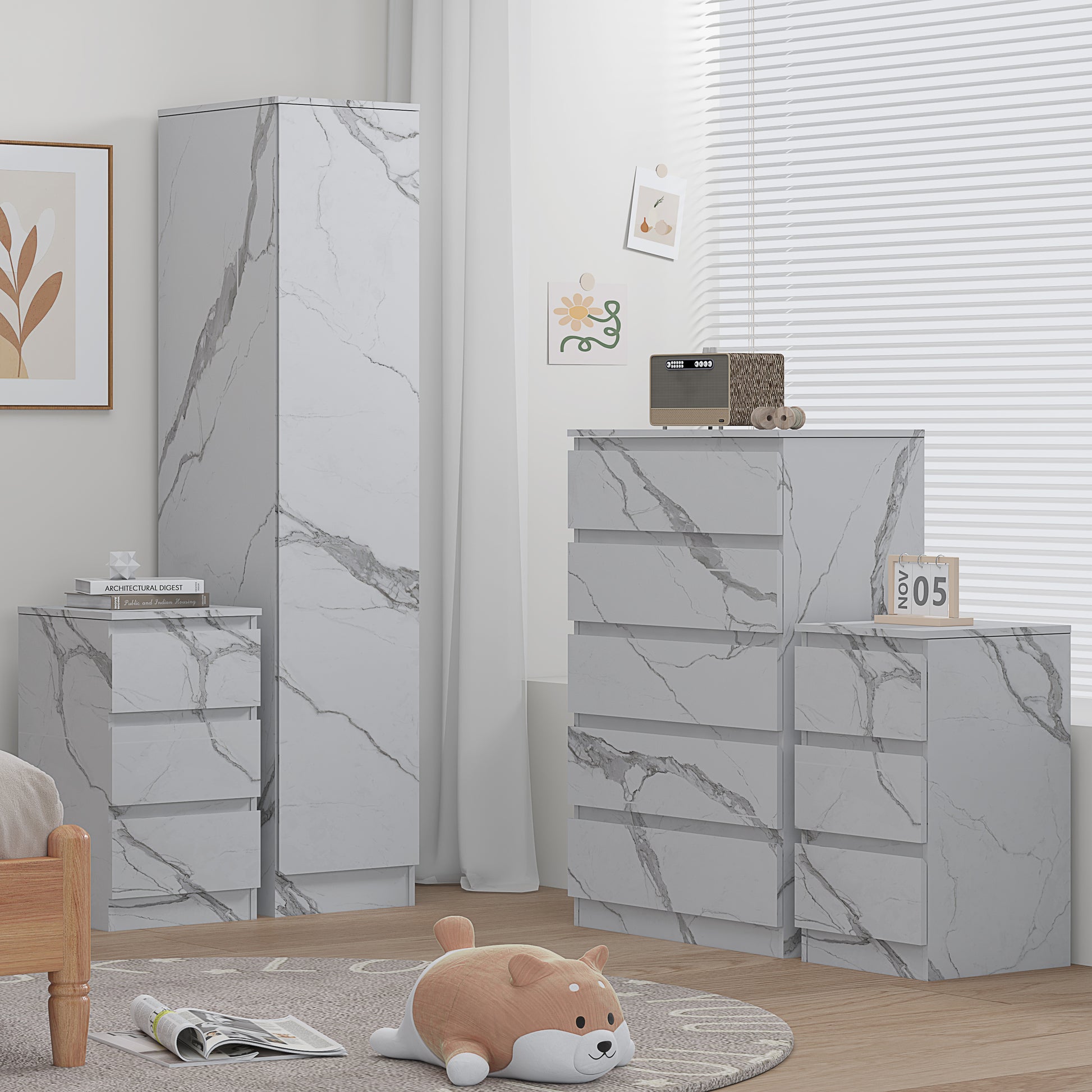 4pc white marble wardrobe set 1 door 5 draw 2 bedsides