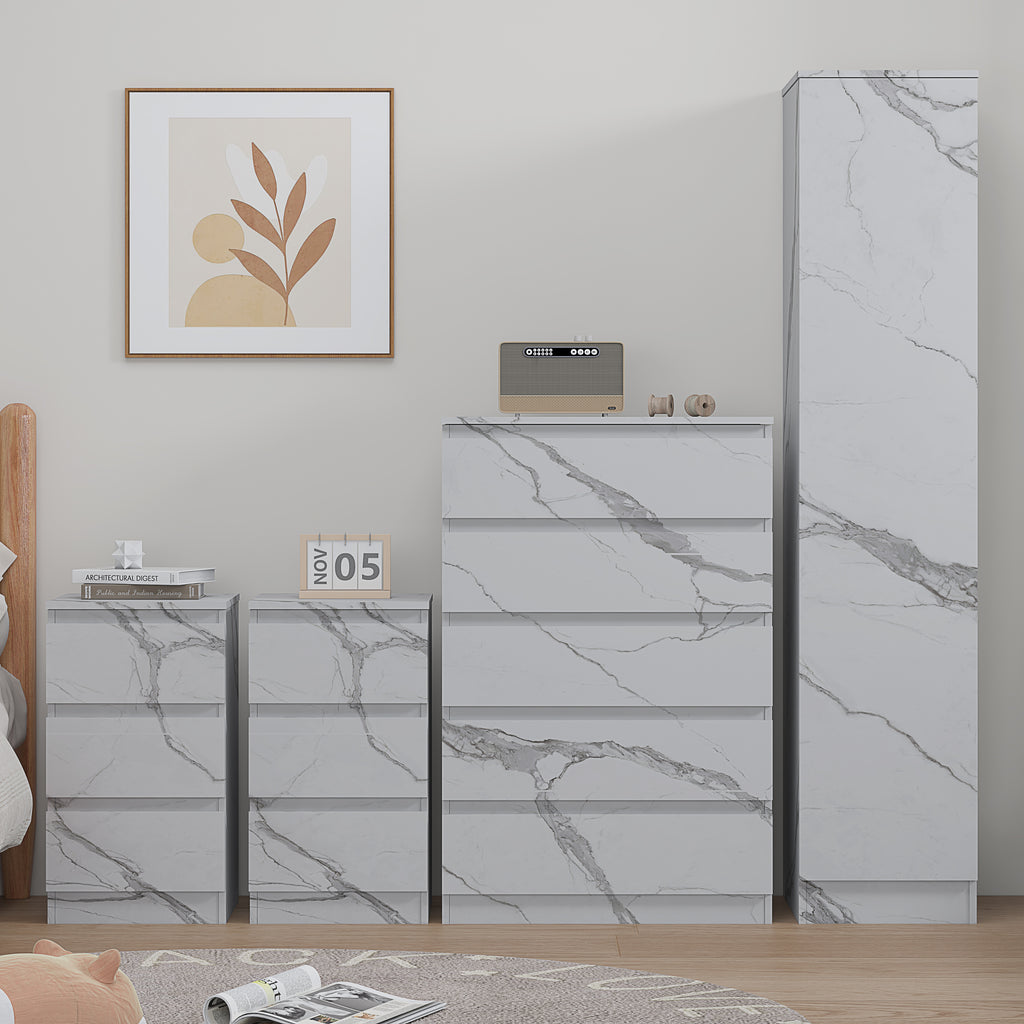 4pc white marble wardrobe set 1 door 5 draw 2 bedsides