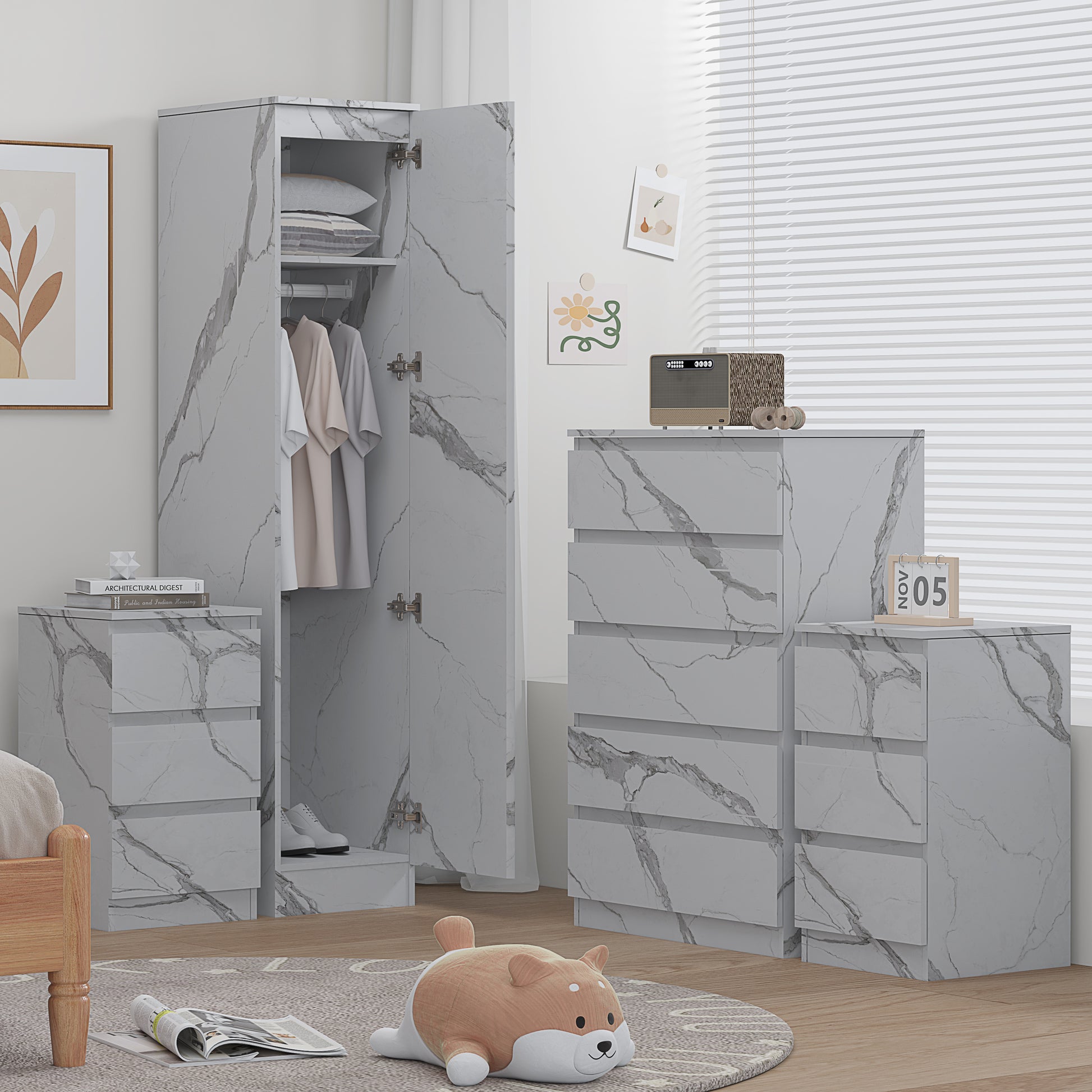 4pc white marble wardrobe set 1 door 5 draw 2 bedsides