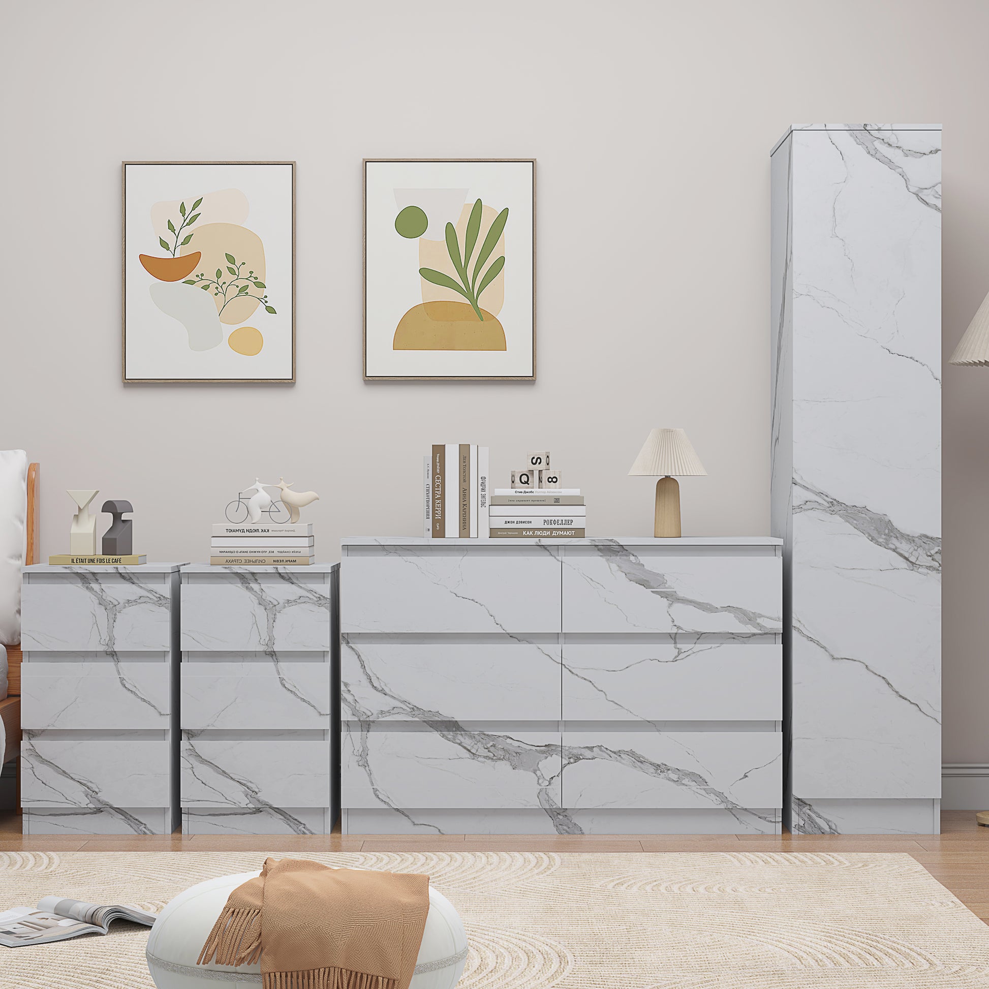 4pc white marble wardrobe set 1 door 6 draw 2 bedsides