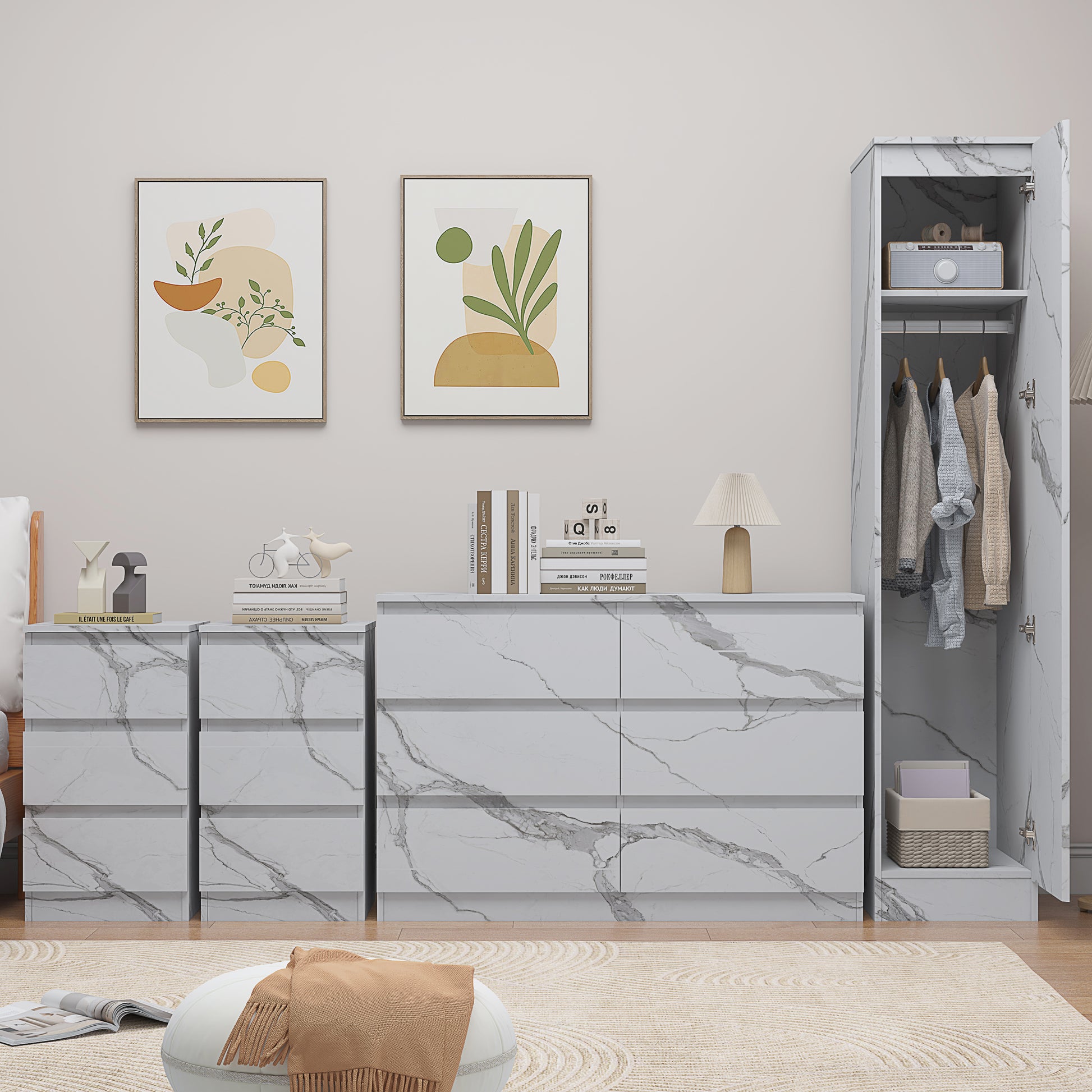 4pc white marble wardrobe set 1 door 6 draw 2 bedsides
