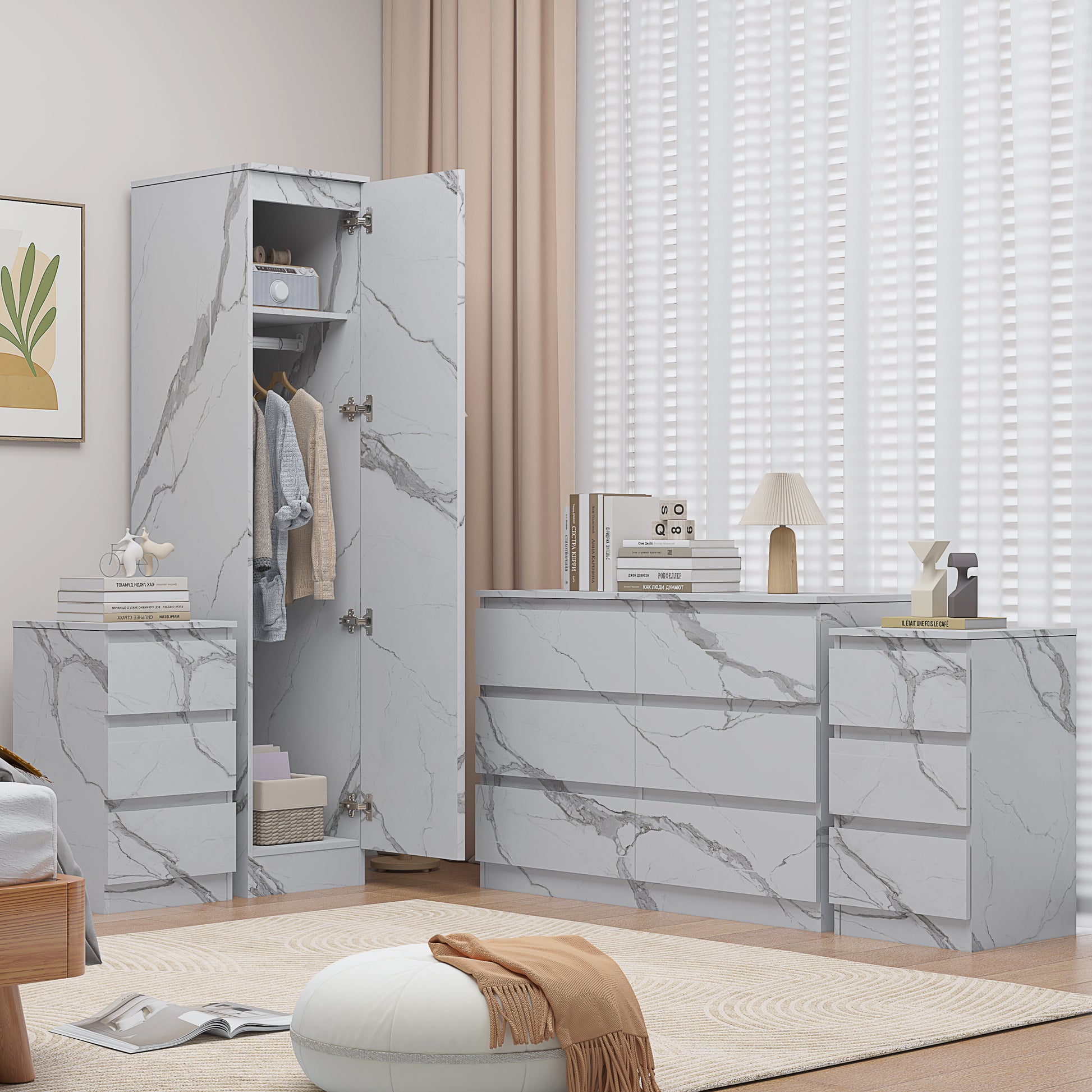 4pc white marble wardrobe set 1 door 6 draw 2 bedsides
