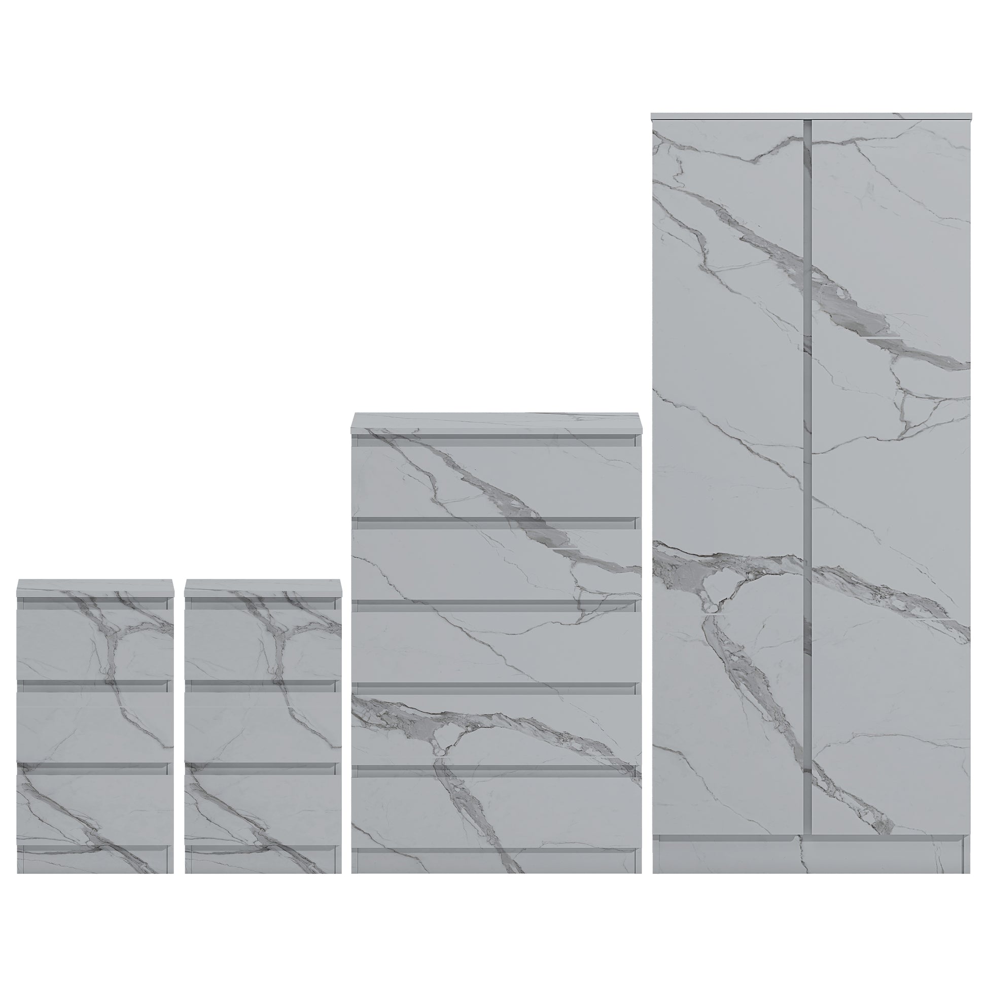 4pc white marble wardrobe set 2 door 5 draw 2 bedsides