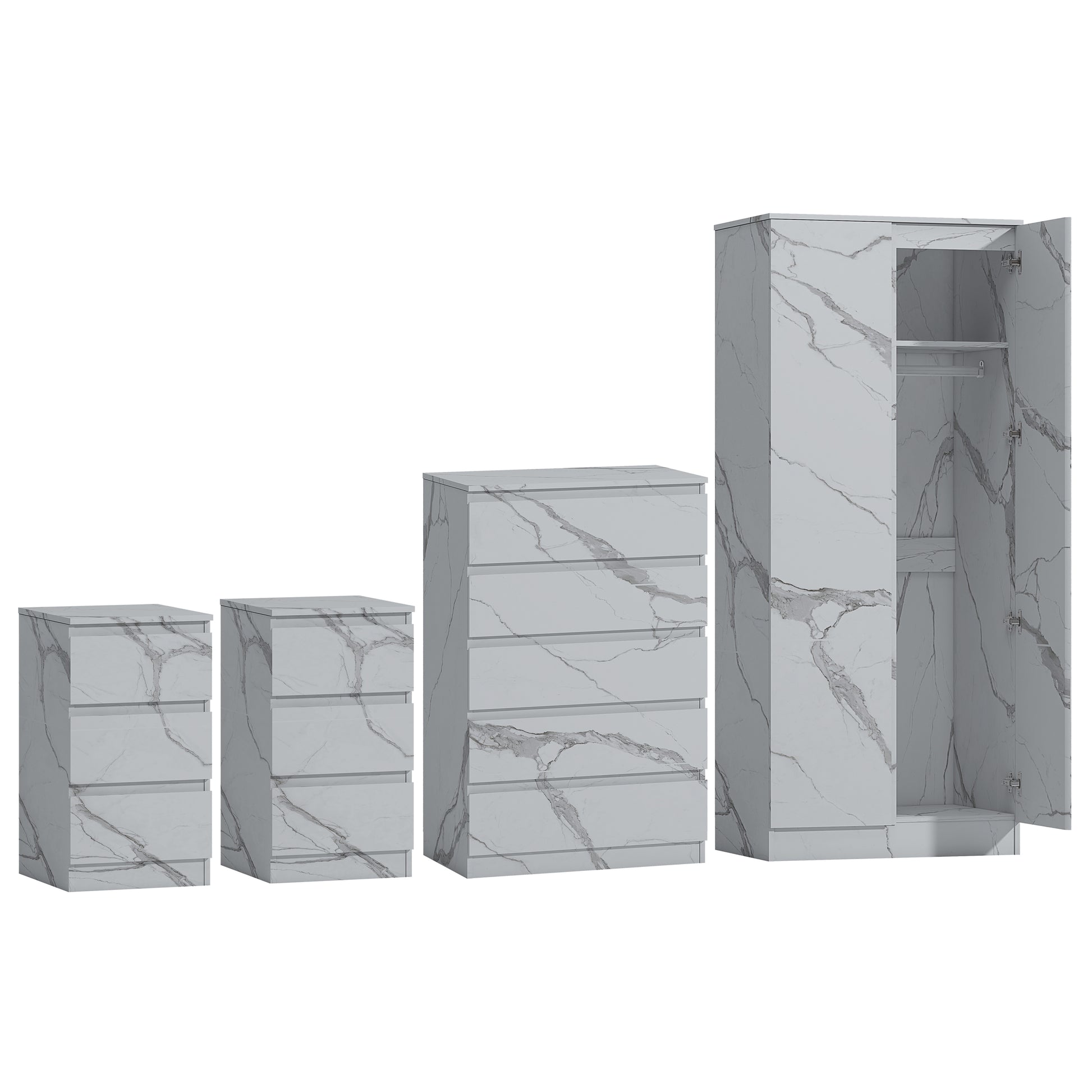 4pc white marble wardrobe set 2 door 5 draw 2 bedsides