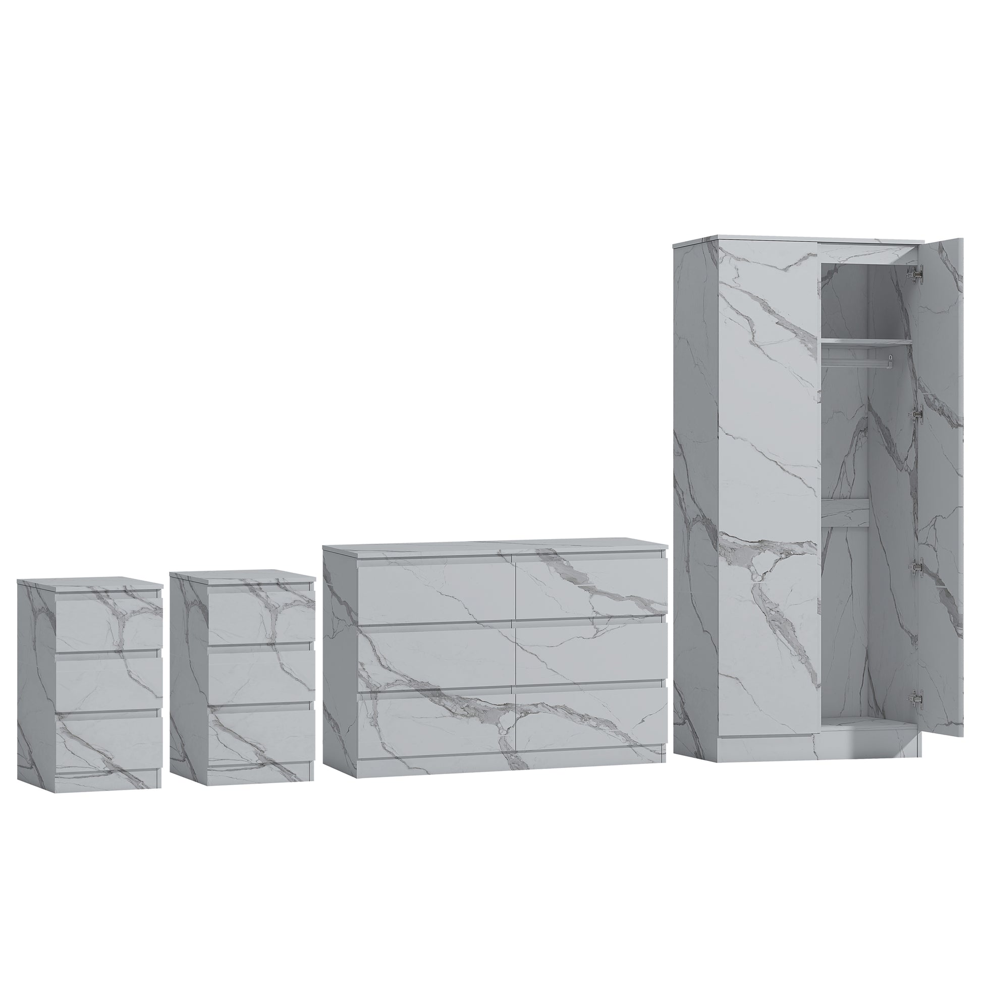 4pc white marble wardrobe set 2 door 6 draw 2 bedsides