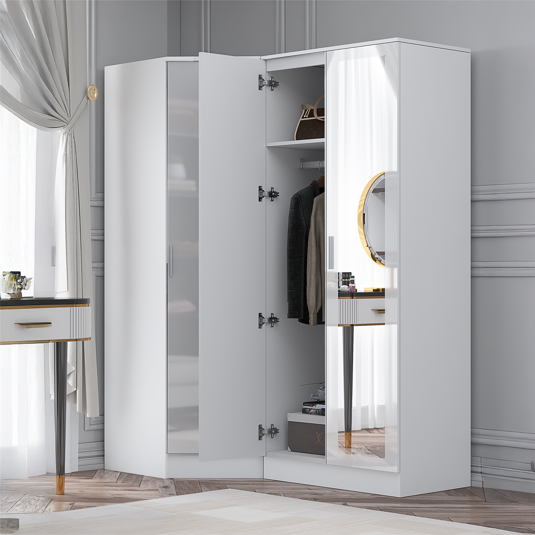 REFLECT - 1 Door Corner + 2 Door Mirror Wardrobe in Gloss White / Matt White