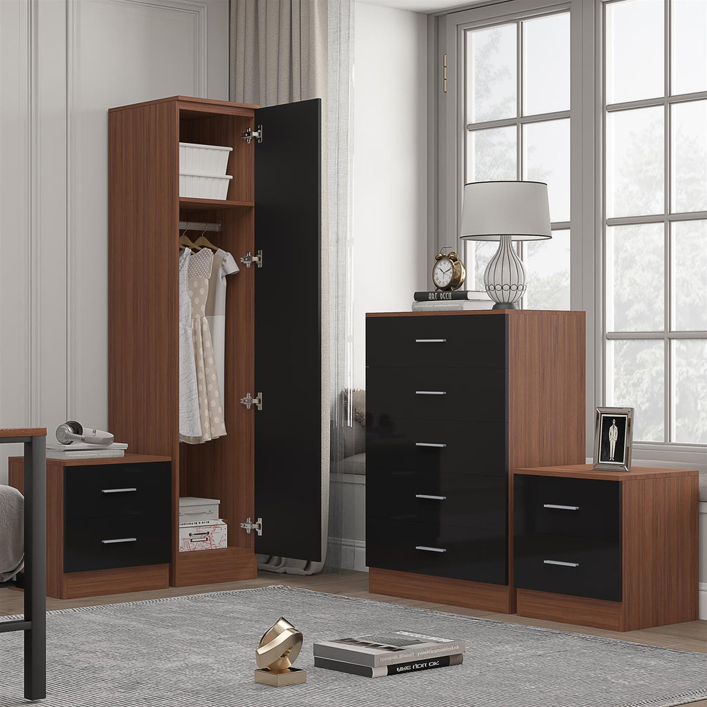 Reflect 1 Door Plain Wardrobe, 5 Drawer Chest, 2x 2 Drawer Bedsides - Black Gloss & Walnut - Modern Bedroom Furniture Set