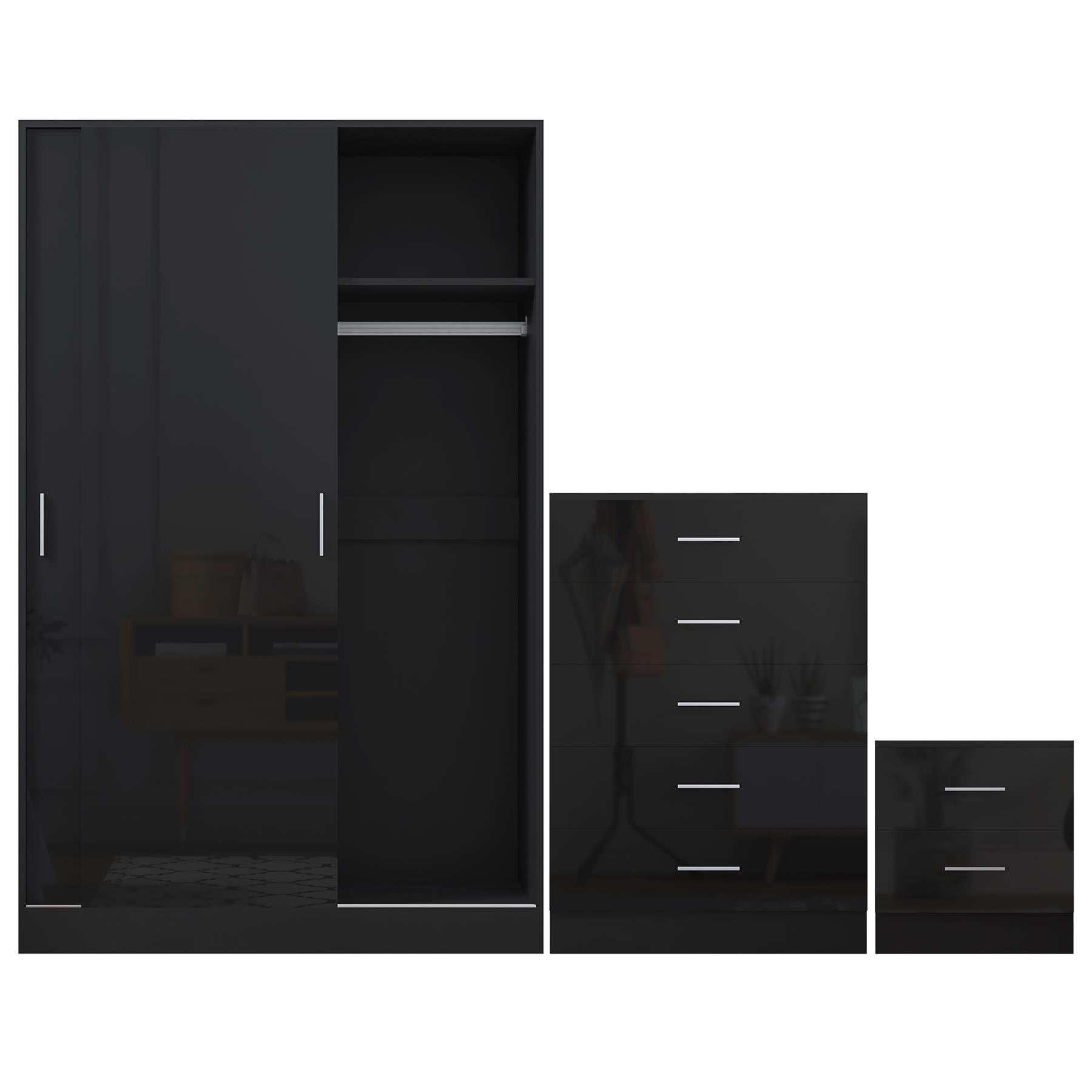 Reflect 2 Door Sliding Wardrobe, 5 Drawer Chest, 2 Drawer Bedside - Black Gloss & Black Oak - Modern Bedroom Furniture Set