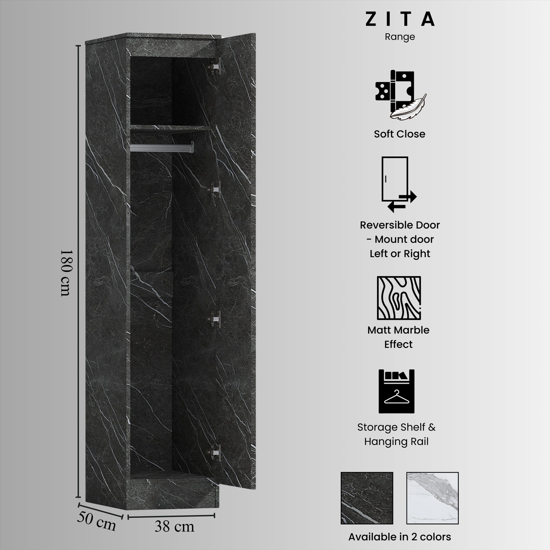 ZITA Compact 1-Door Wardrobe in Grey Marble Effect - Bedroom Storage, (L) 50cm x (W) 37.5cm x (H) 180cm, Stylish and Space-Saving