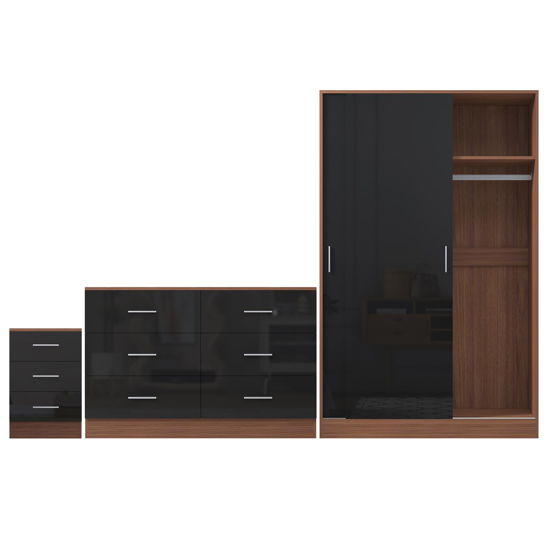Reflect 2 Door Sliding Wardrobe, 6 Drawer Wide Chest, 3 Drawer Bedside - Black Gloss & Walnut - Modern Bedroom Furniture Set