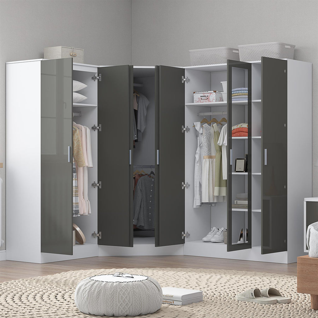 Reflect 3pc Wardrobe Bundle - 2 Door Corner + 3 Door Mirror + 2 Door Plain - Grey Gloss & Matt White