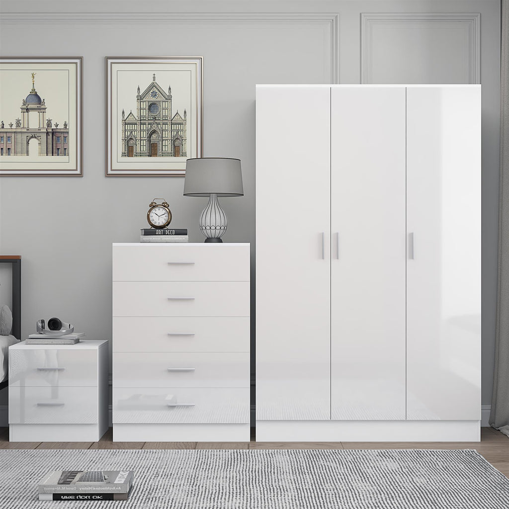 REFLECT Gloss 3pc Bedroom Set - 3 Door Wardrobe + 5 Draw Chest + Bedside