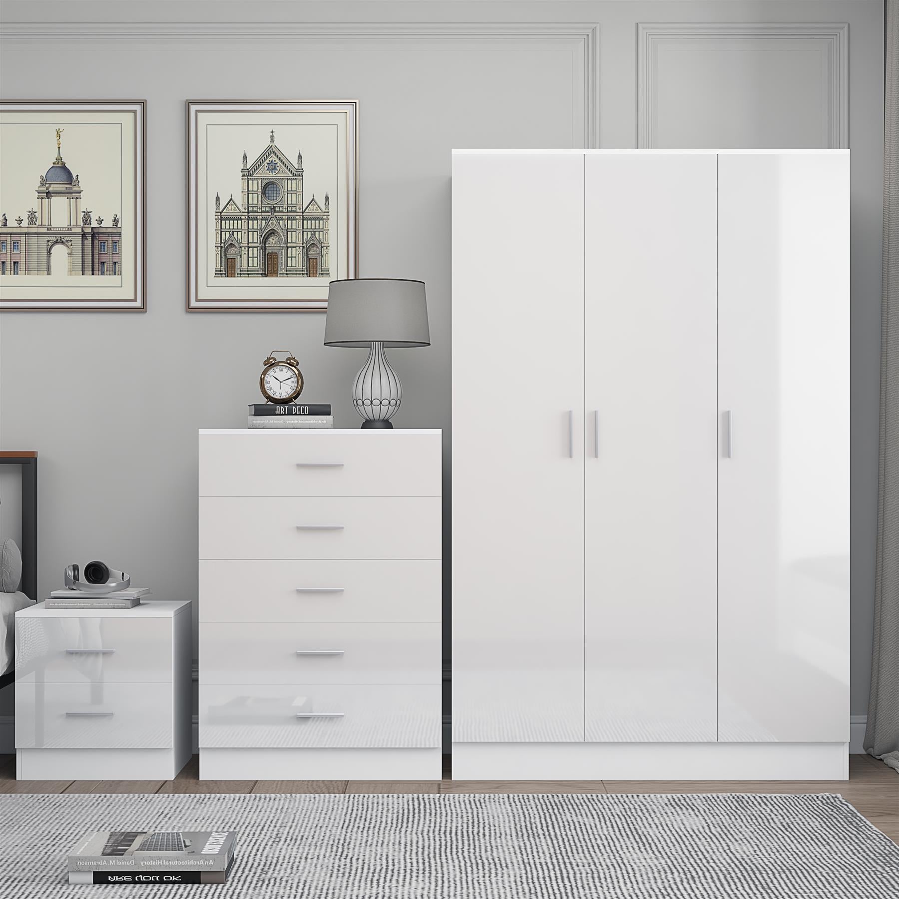 REFLECT Gloss 3pc Bedroom Set - 3 Door Wardrobe + 5 Draw Chest + Bedside