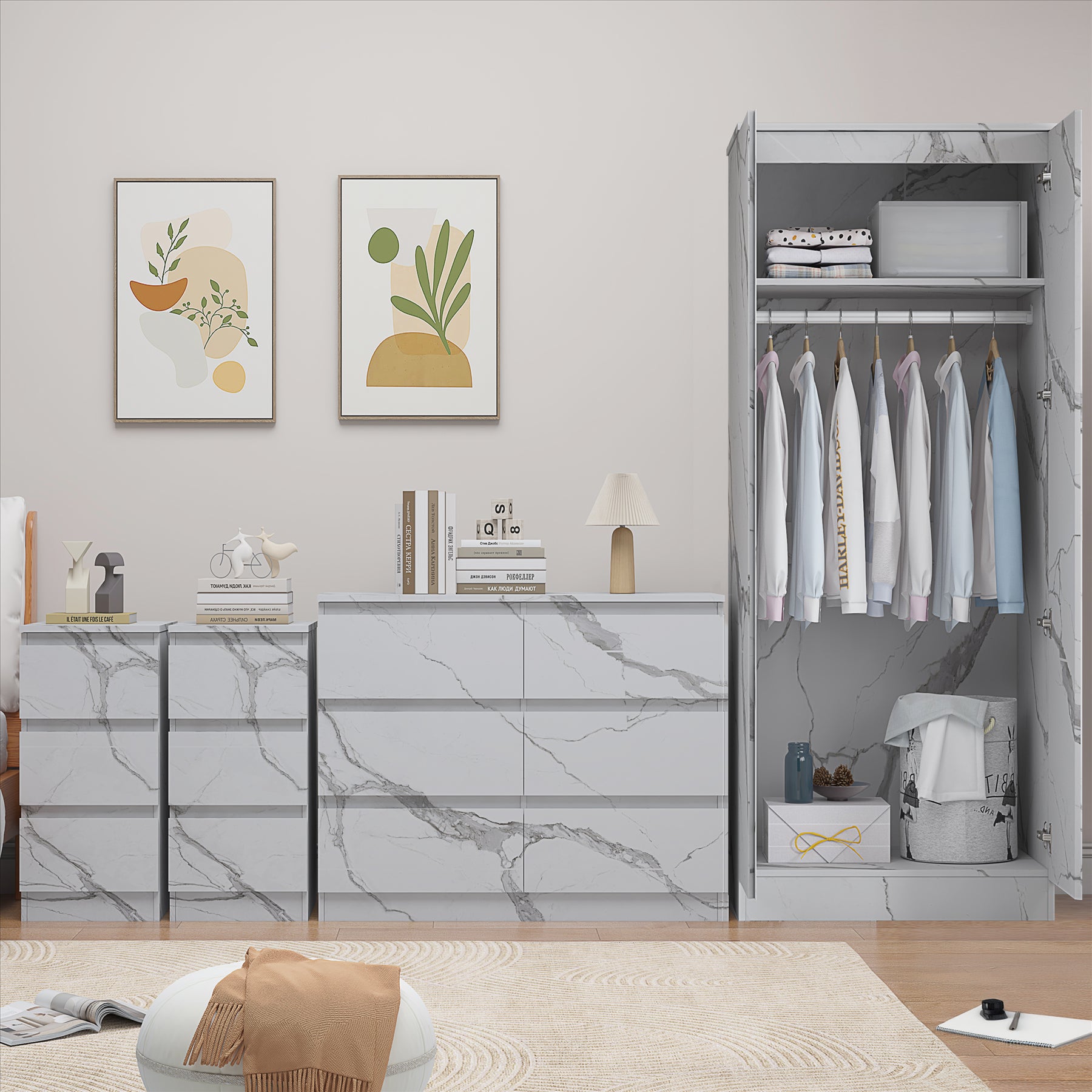 ZITA 4pc Set - 2 Door Wardrobe + Wide Chest + 2 Bedsides in White OR Grey Marble