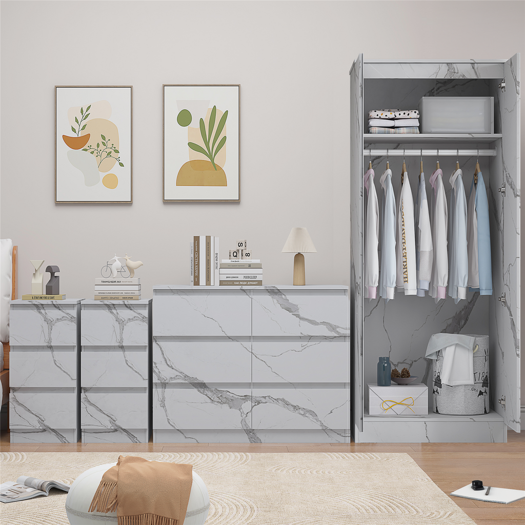 ZITA 3/4pc Bedroom Furniture Sets Wardrobe Chest Bedside - White OR Grey Marble