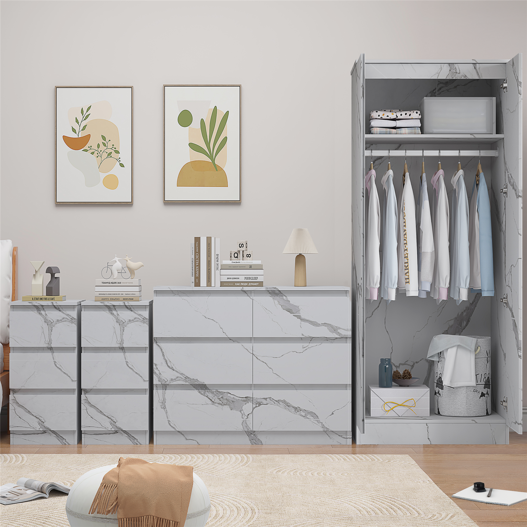 ZITA 3/4pc Bedroom Furniture Sets Wardrobe Chest Bedside - White OR Grey Marble