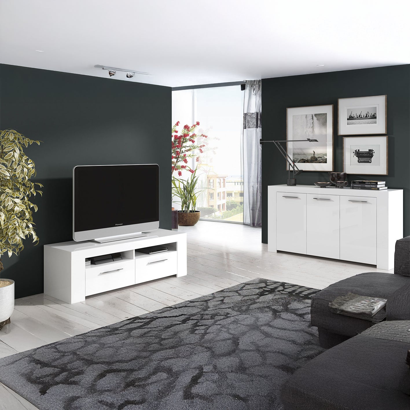 AMBIT White Dual Zone Under TV Unit - Modern Media Entertainment Cabinet - H: 43cm x W: 120cm x D: 42cm