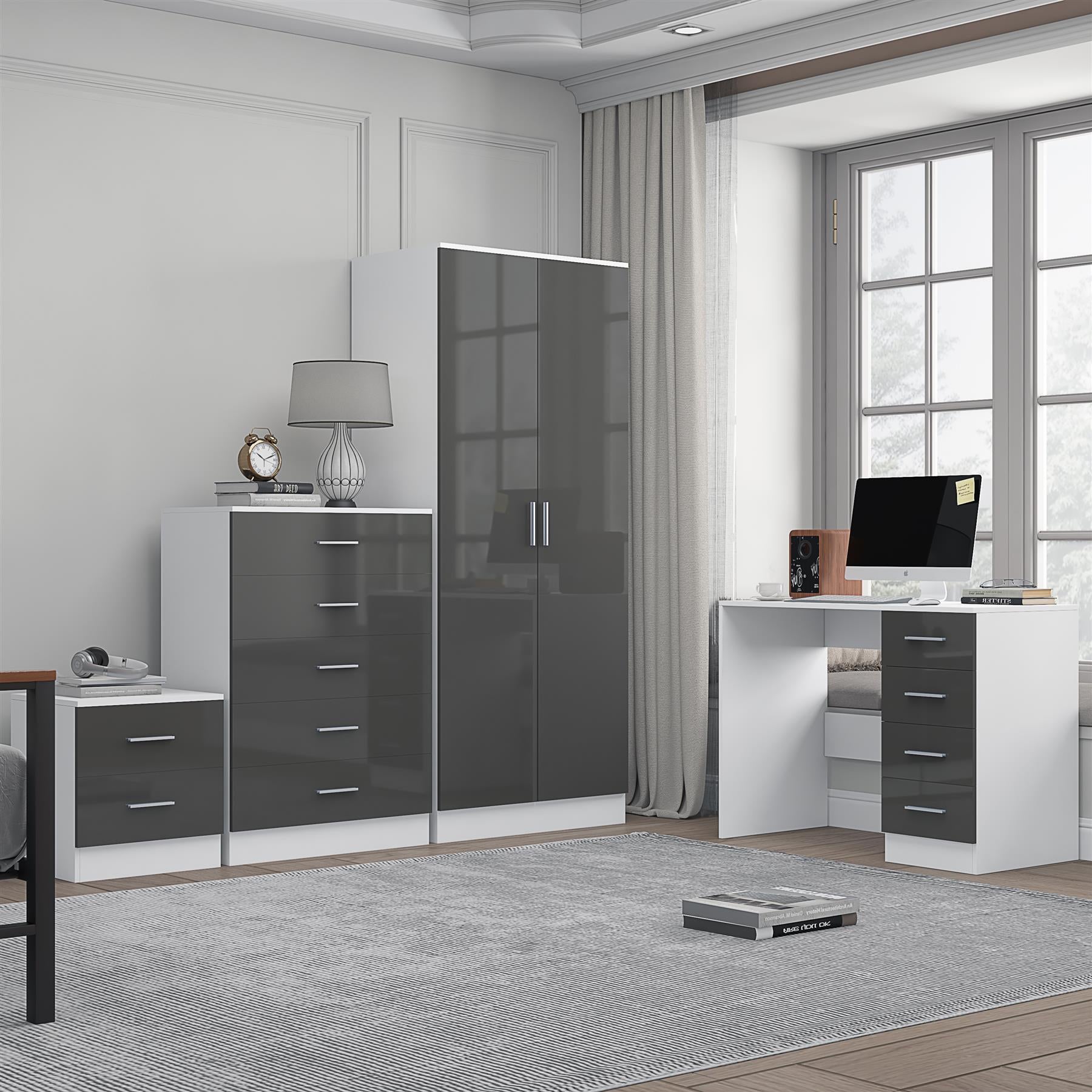 Reflect 2 Door Plain Wardrobe, 5 Drawer Chest, 2 Drawer Bedside & Desk - Grey Gloss & Matt White - Modern Bedroom Furniture Set