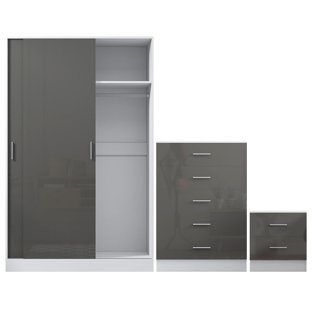 REFLECT Gloss 3pc Set - 2 Door Sliding Wardrobe + 5 Draw Chest + Bedside