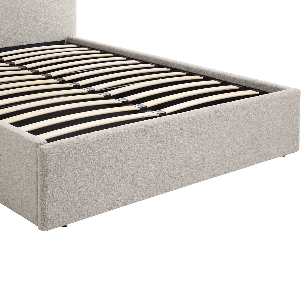 TEDDY BOUCLE 4FT Small Double Beige Ottoman Storage Bed Gas Lift Up - (L) 203cm x (W) 138cm with Bonnell Spring Mattress