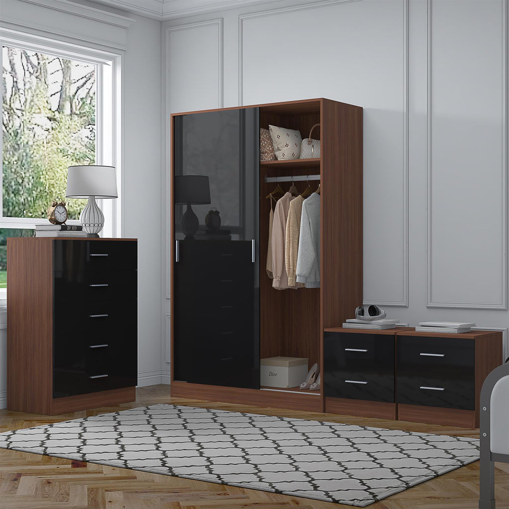 Reflect 2 Door Sliding Wardrobe, 5 Drawer Chest, 2x 2 Drawer Bedsides - Black Gloss & Walnut - Modern Bedroom Furniture Set