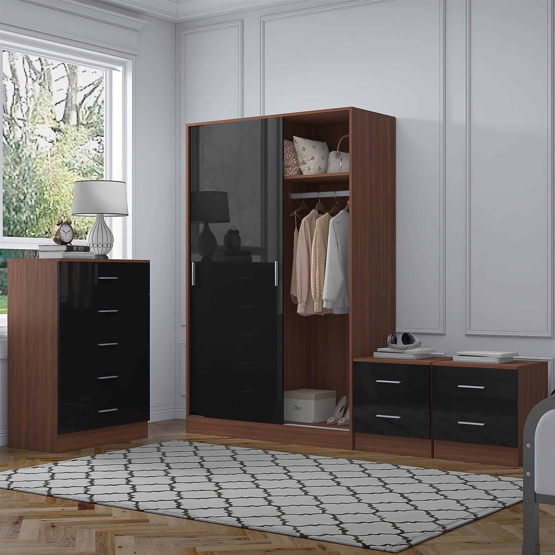 Reflect 2 Door Sliding Wardrobe, 5 Drawer Chest, 2x 2 Drawer Bedsides - Black Gloss & Walnut - Modern Bedroom Furniture Set