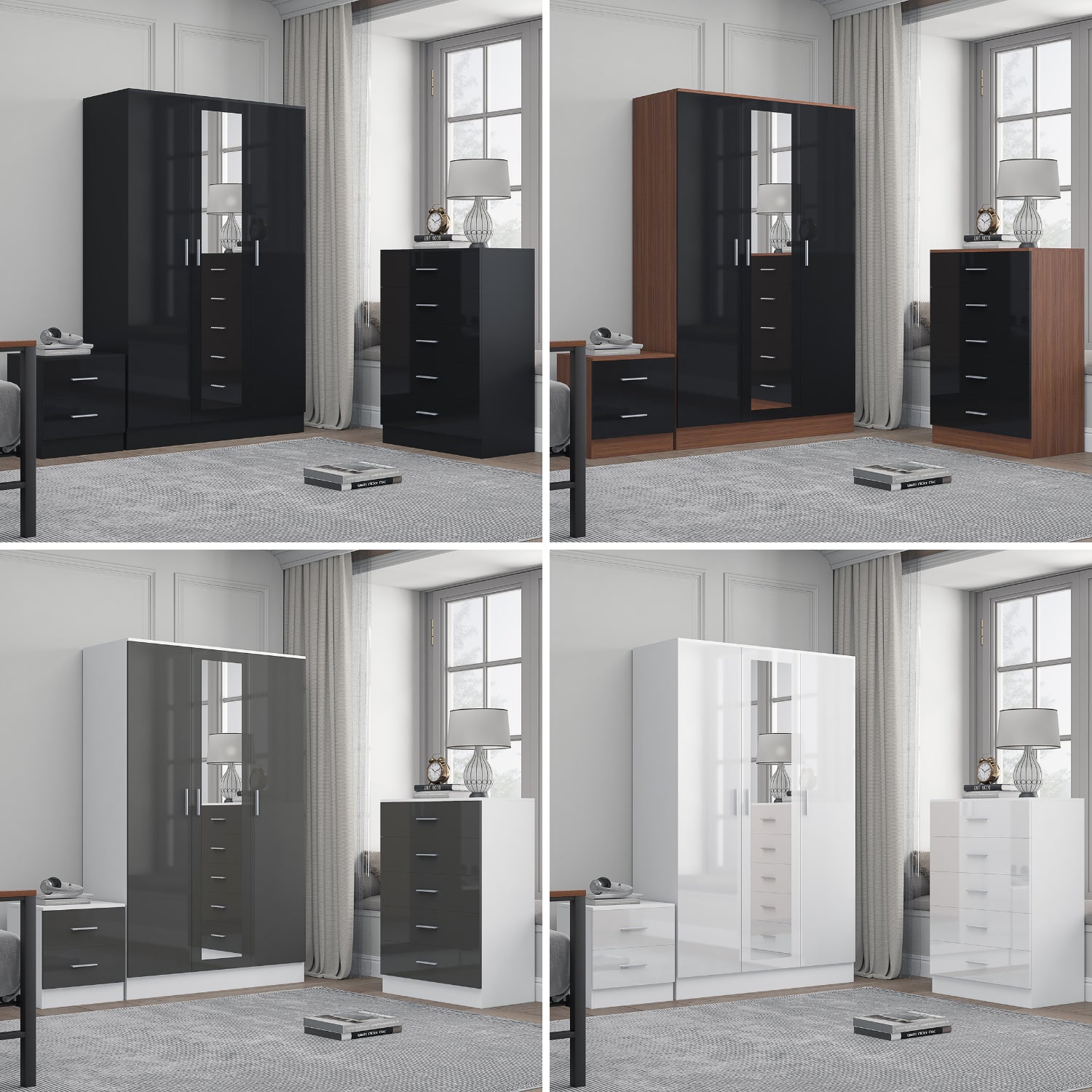 REFLECT Gloss 3pc Set - 3 Door Mirrored Wardrobe + 5 Draw Chest + Bedside