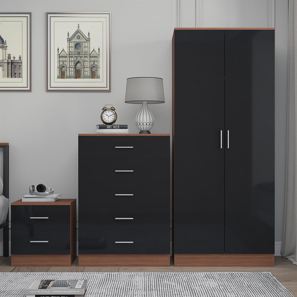 Reflect 2 Door Plain Wardrobe, 5 Drawer Chest, 2 Drawer Bedside - Black Gloss & Walnut - Modern Bedroom Furniture Set