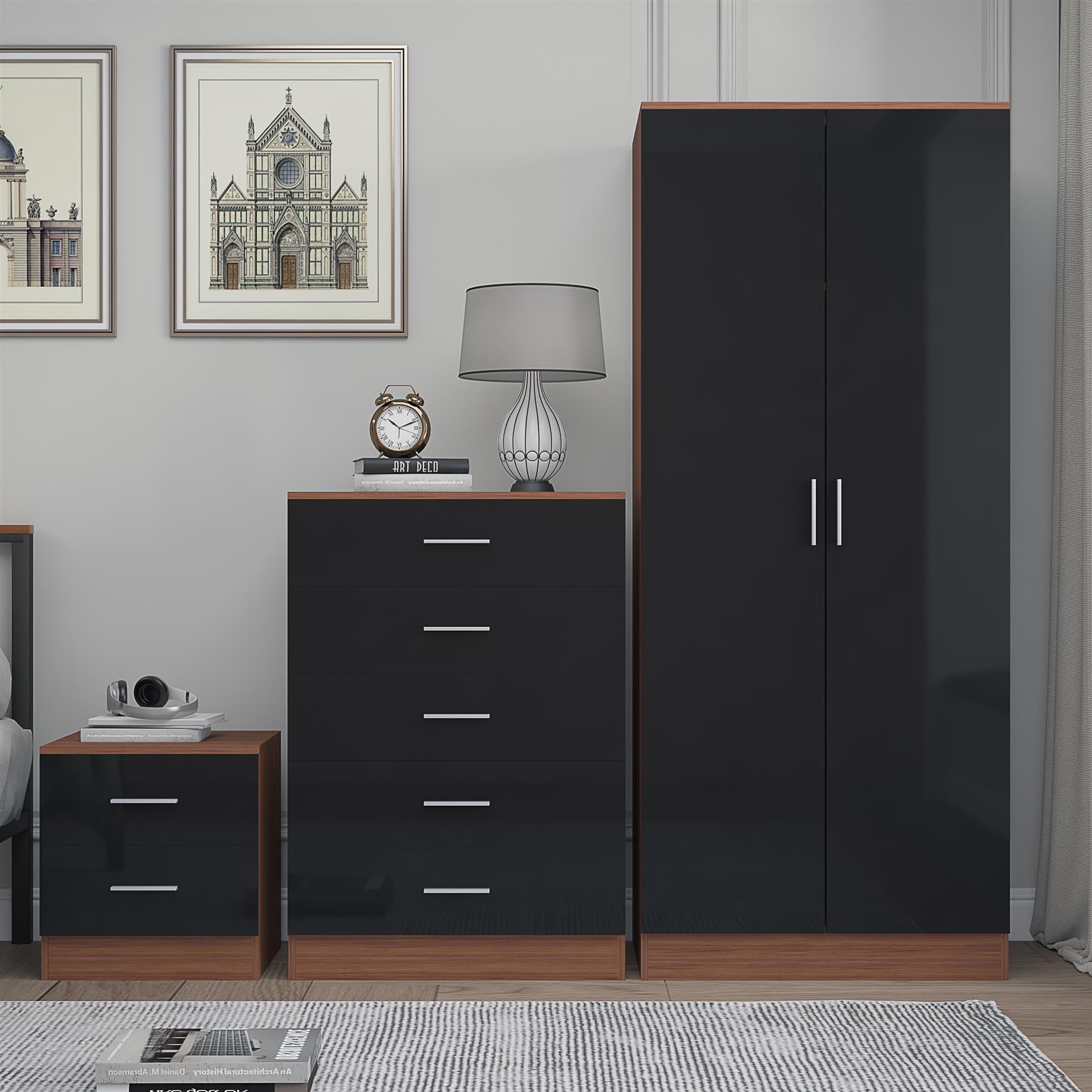 Reflect 2 Door Plain Wardrobe, 5 Drawer Chest, 2 Drawer Bedside - Black Gloss & Walnut - Modern Bedroom Furniture Set