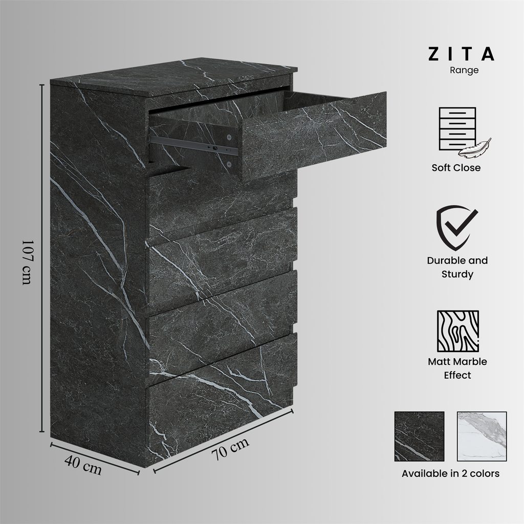 ZITA Bedroom Furniture Range Wardrobe Chest Bedside in Grey Marble Effect