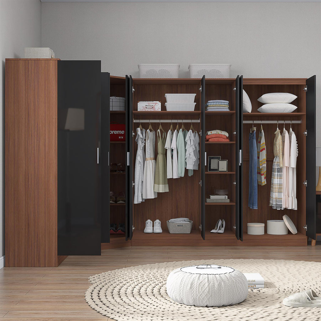 Reflect 4pc Wardrobe Bundle - 2 Door Corner + 3 Door Plain + 2x 2 Door Plain - Black Gloss & Walnut