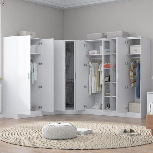 Reflect 4pc Wardrobe Bundle - 2 Door Corner + 3 Door Mirror + 3 Door Plain + 1 Door Plain - White Gloss & Matt White