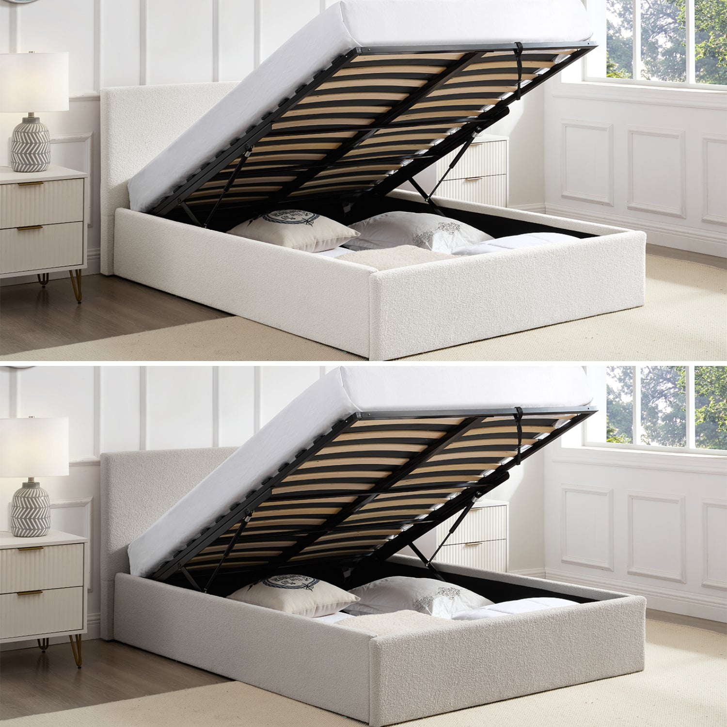 TEDDY Beige Boucle Fabric Ottoman Storage Bedframe - 2 Colour + 3 Size Options