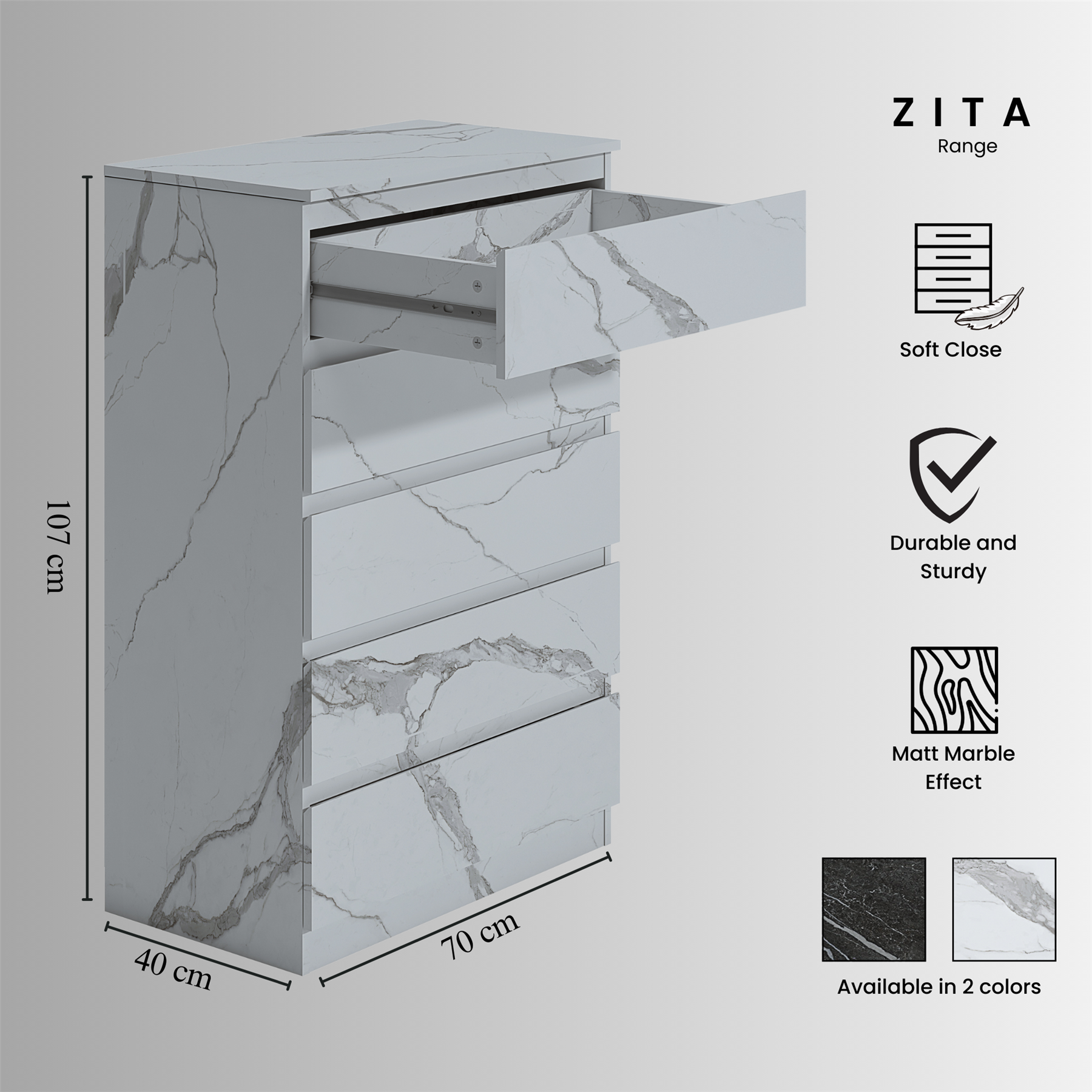 ZITA Bedroom Furniture Range Wardrobe Chest Bedside in White Marble Effect