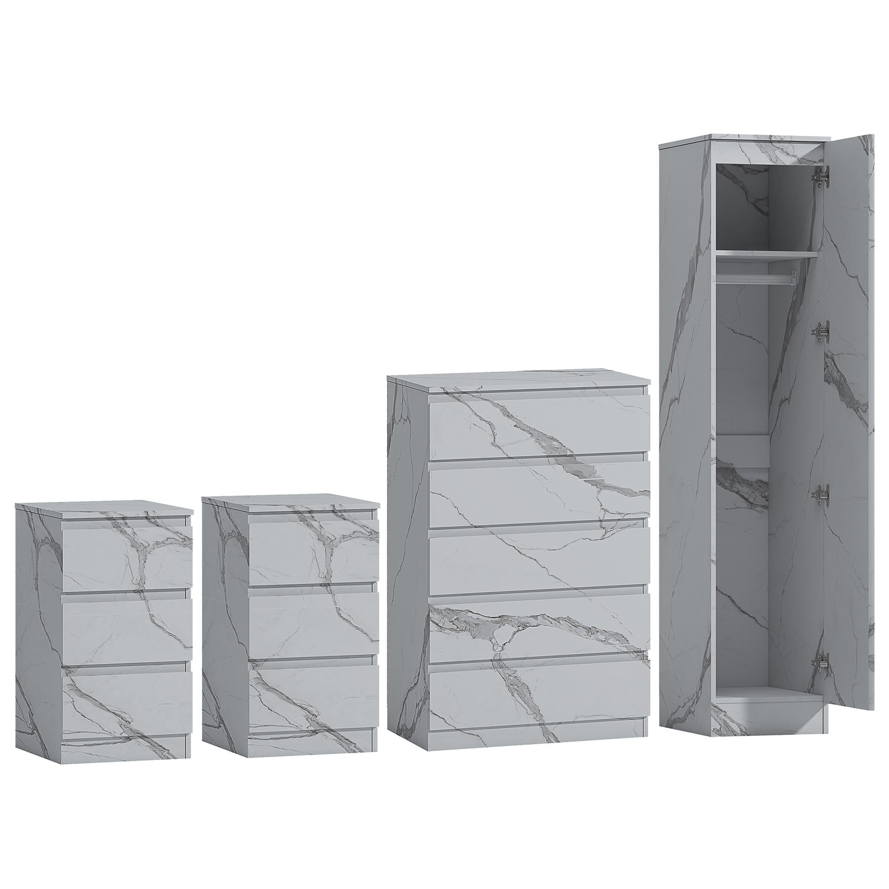 ZITA 4pc White Marble Effect Bedroom Set - 1-Door Wardrobe, Tall Chest & 2 Bedside Tables, Stylish Modern Storage Furniture