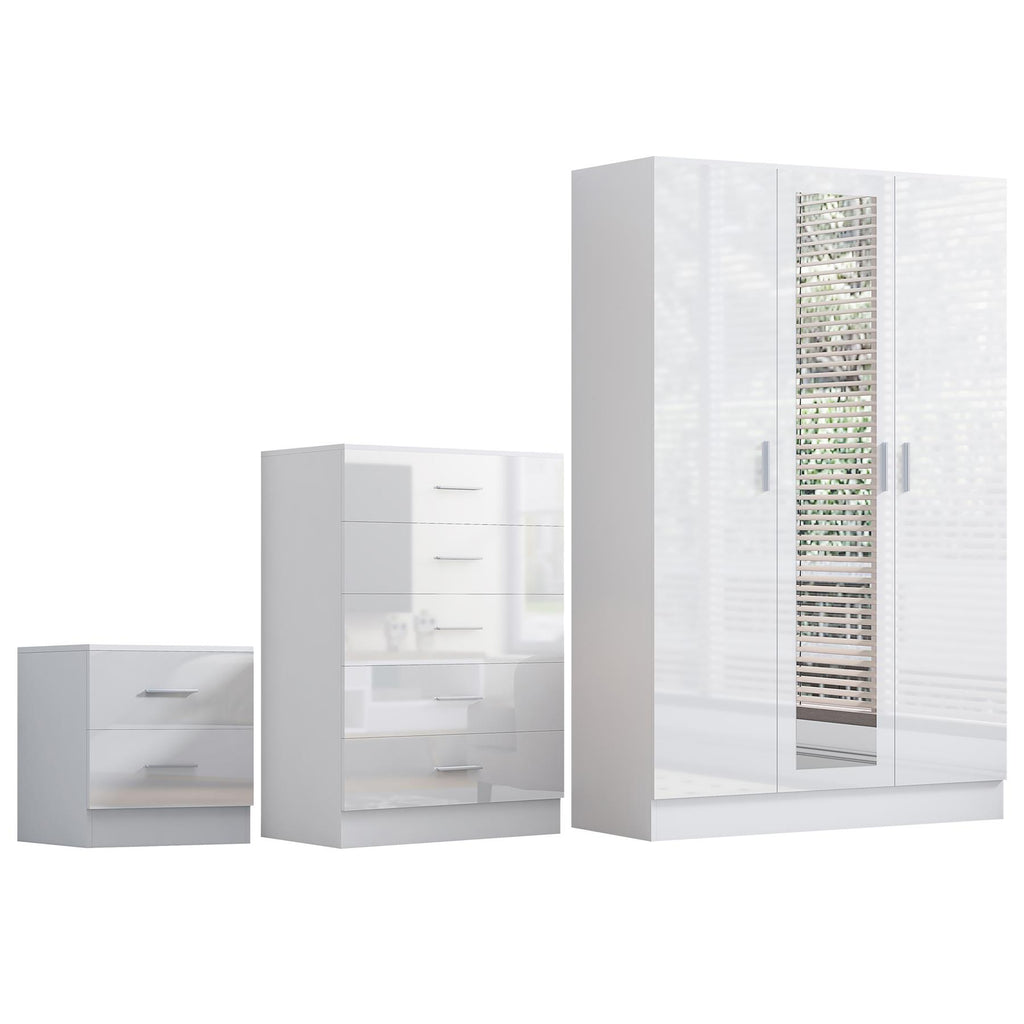 REFLECT Gloss 3pc Set - 3 Door Mirrored Wardrobe + 5 Draw Chest + Bedside