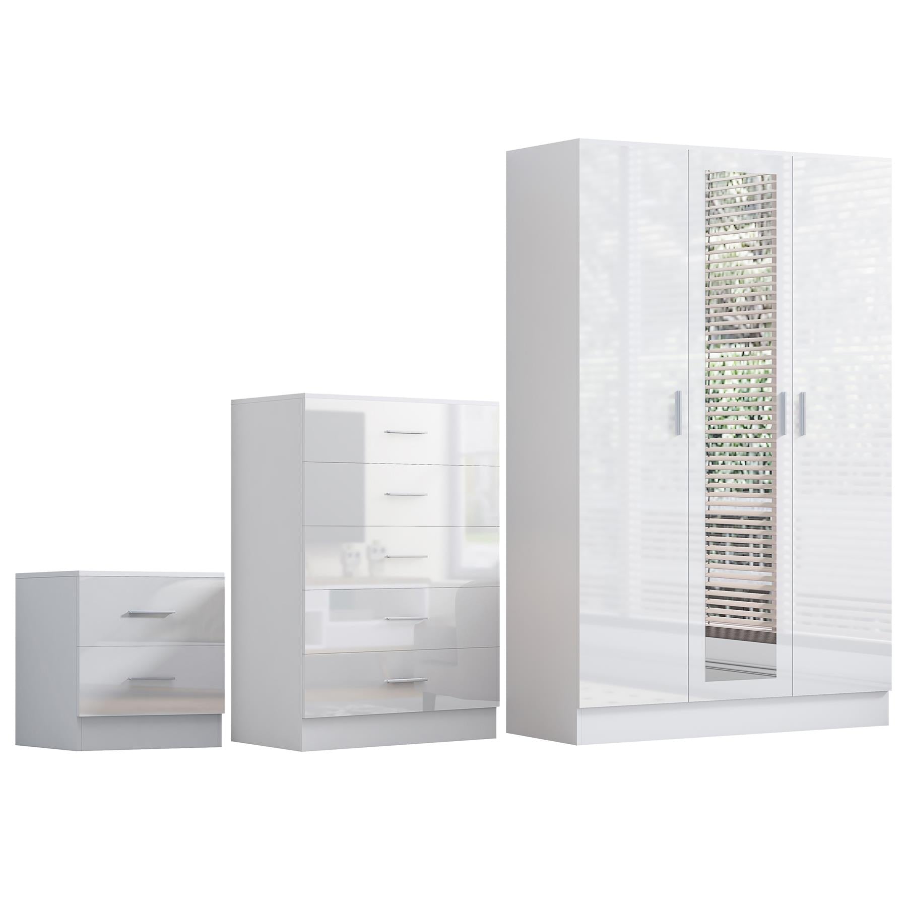 REFLECT Gloss 3pc Set - 3 Door Mirrored Wardrobe + 5 Draw Chest + Bedside