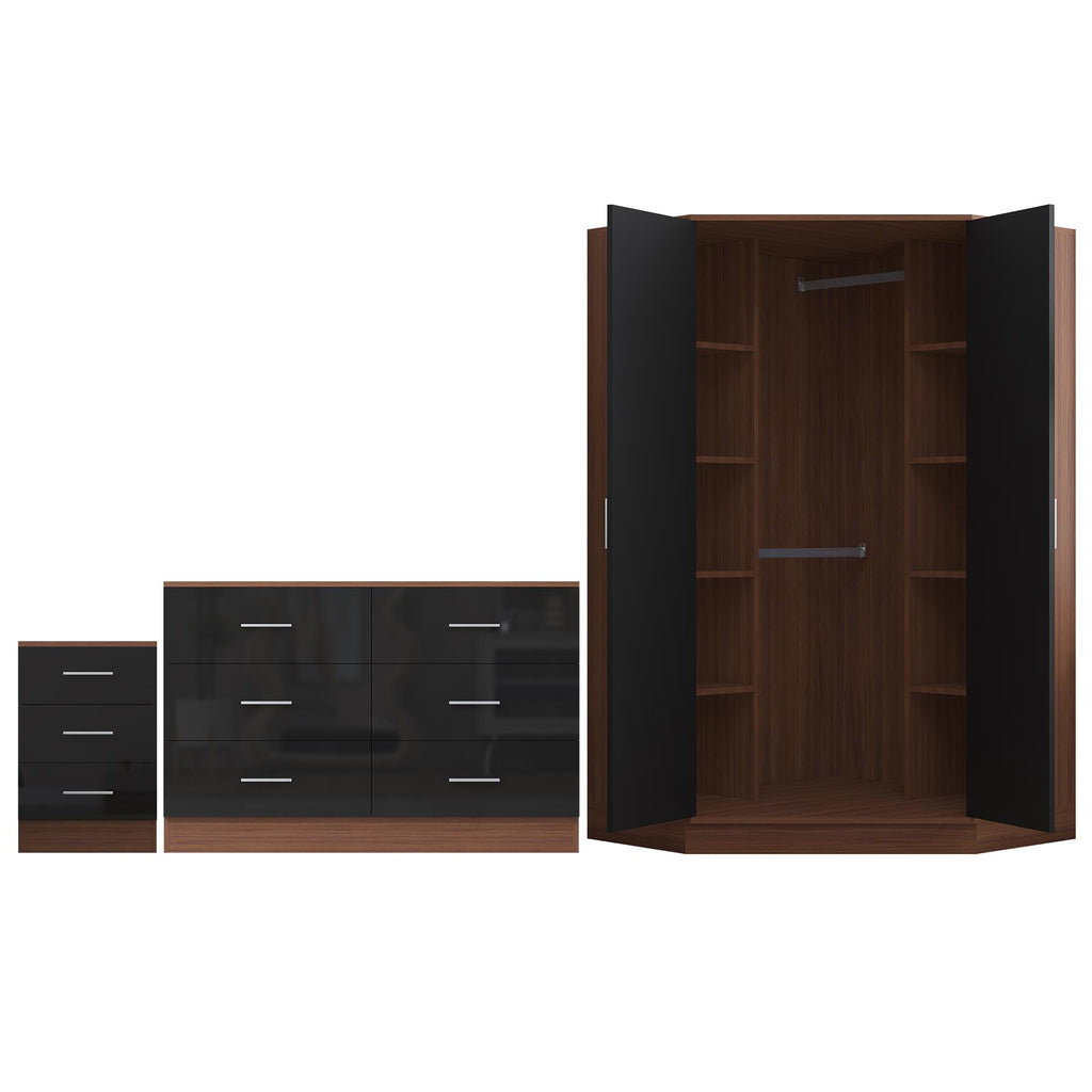 REFLECT - 2 Door CORNER + 6 Drawer Chest + 3 Drawer Bedside - Gloss Black / Matt Walnut