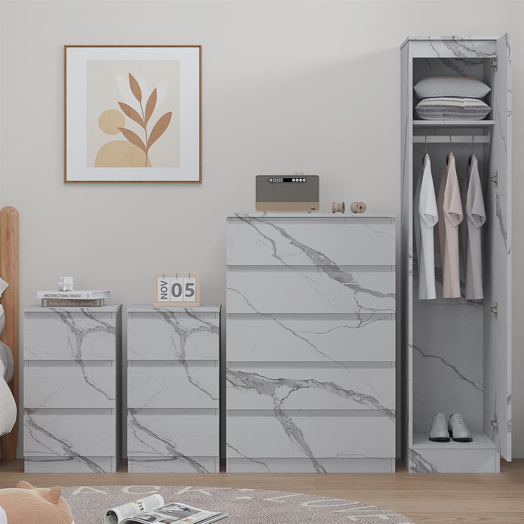 ZITA 4pc White Marble Effect Bedroom Set - 1-Door Wardrobe, Tall Chest & 2 Bedside Tables, Stylish Modern Storage Furniture