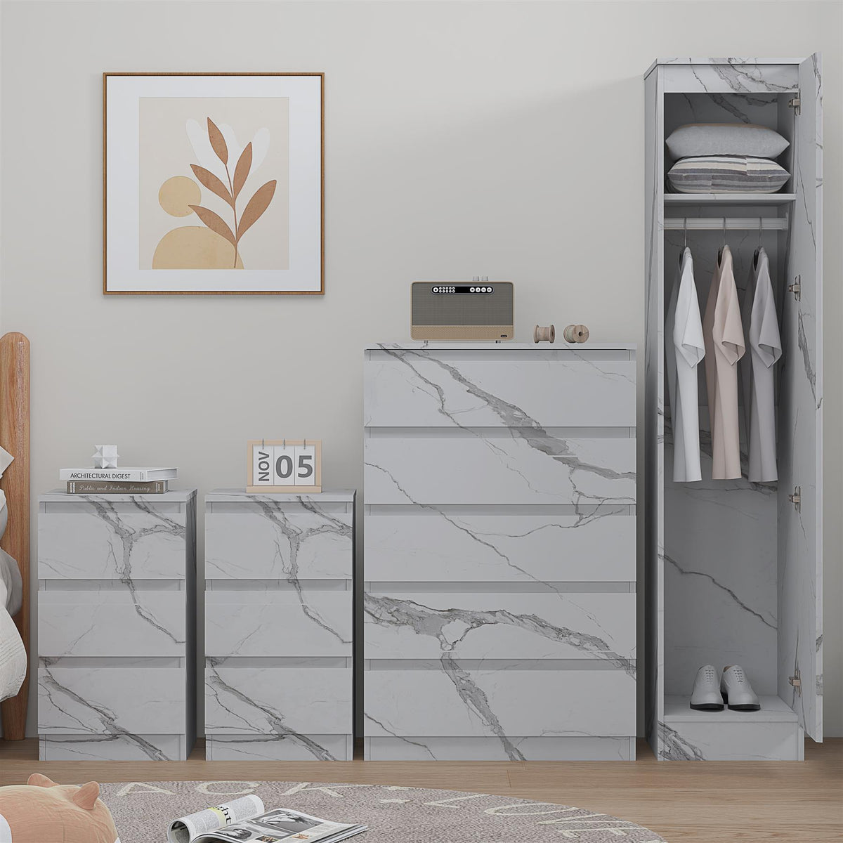 ZITA 4pc White Marble Effect Bedroom Set - 1-Door Wardrobe, Tall Chest & 2 Bedside Tables, Stylish Modern Storage Furniture