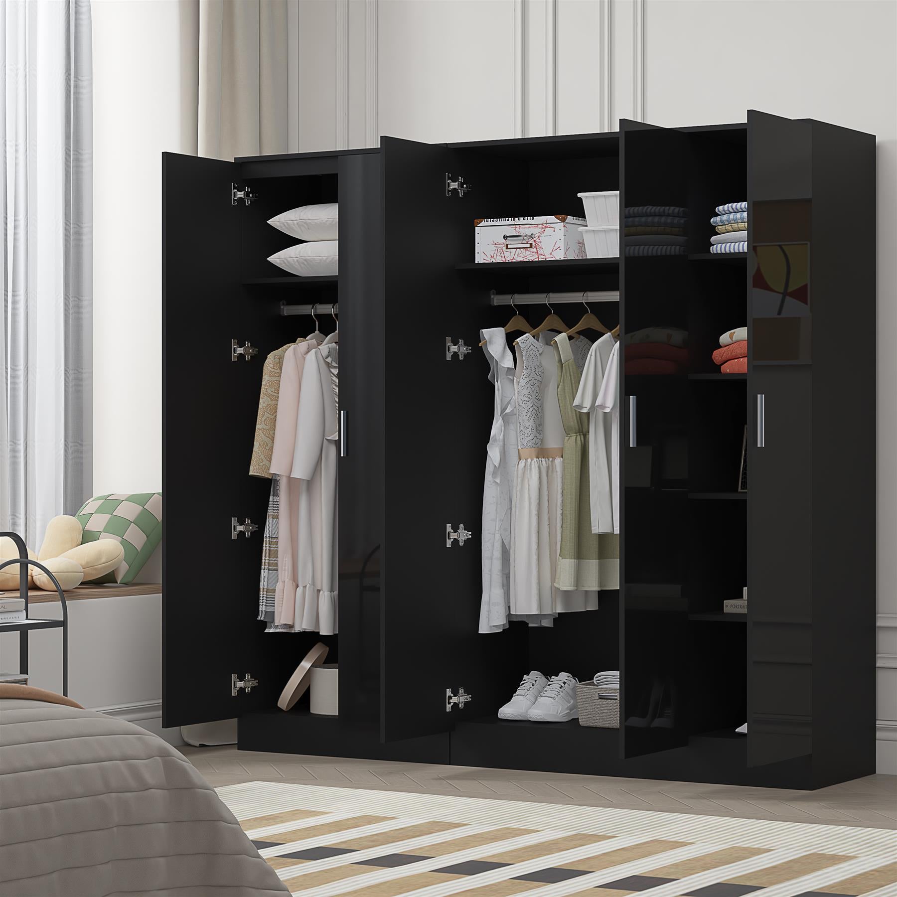 REFLECT - 3 Door PLAIN + 2 Door PLAIN Wardrobe - Gloss Black / Matt Black