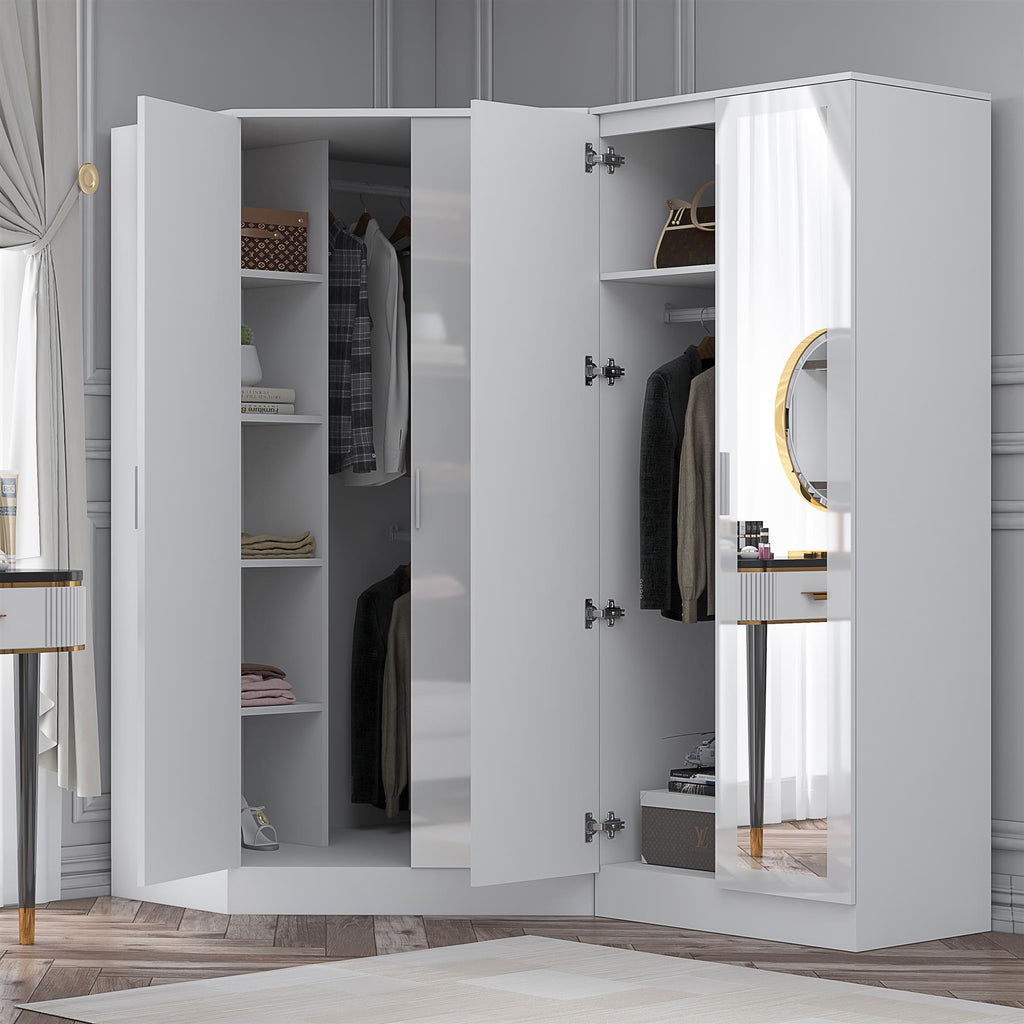 Reflect 2pc Wardrobe Bundle - 2 Door Corner + 2 Door Mirror - White Gloss & Matt White - H: 180cm x W: 179cm x D: 103cm