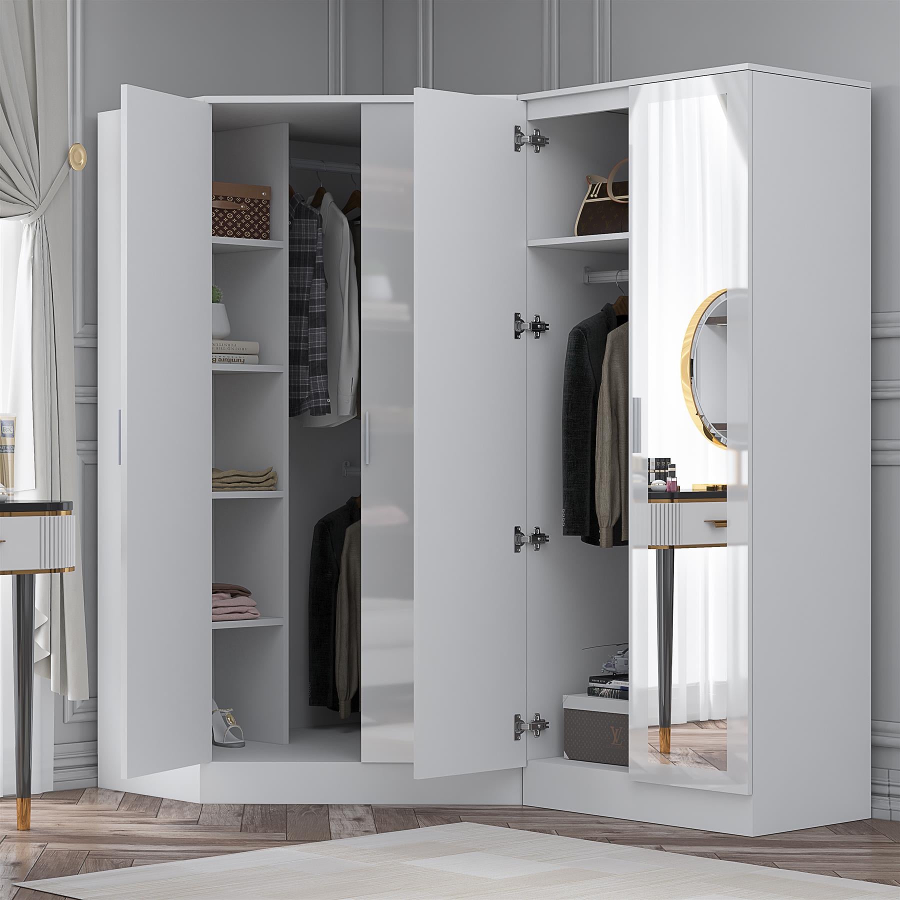 Reflect 2pc Wardrobe Bundle - 2 Door Corner + 2 Door Mirror - White Gloss & Matt White - H: 180cm x W: 179cm x D: 103cm