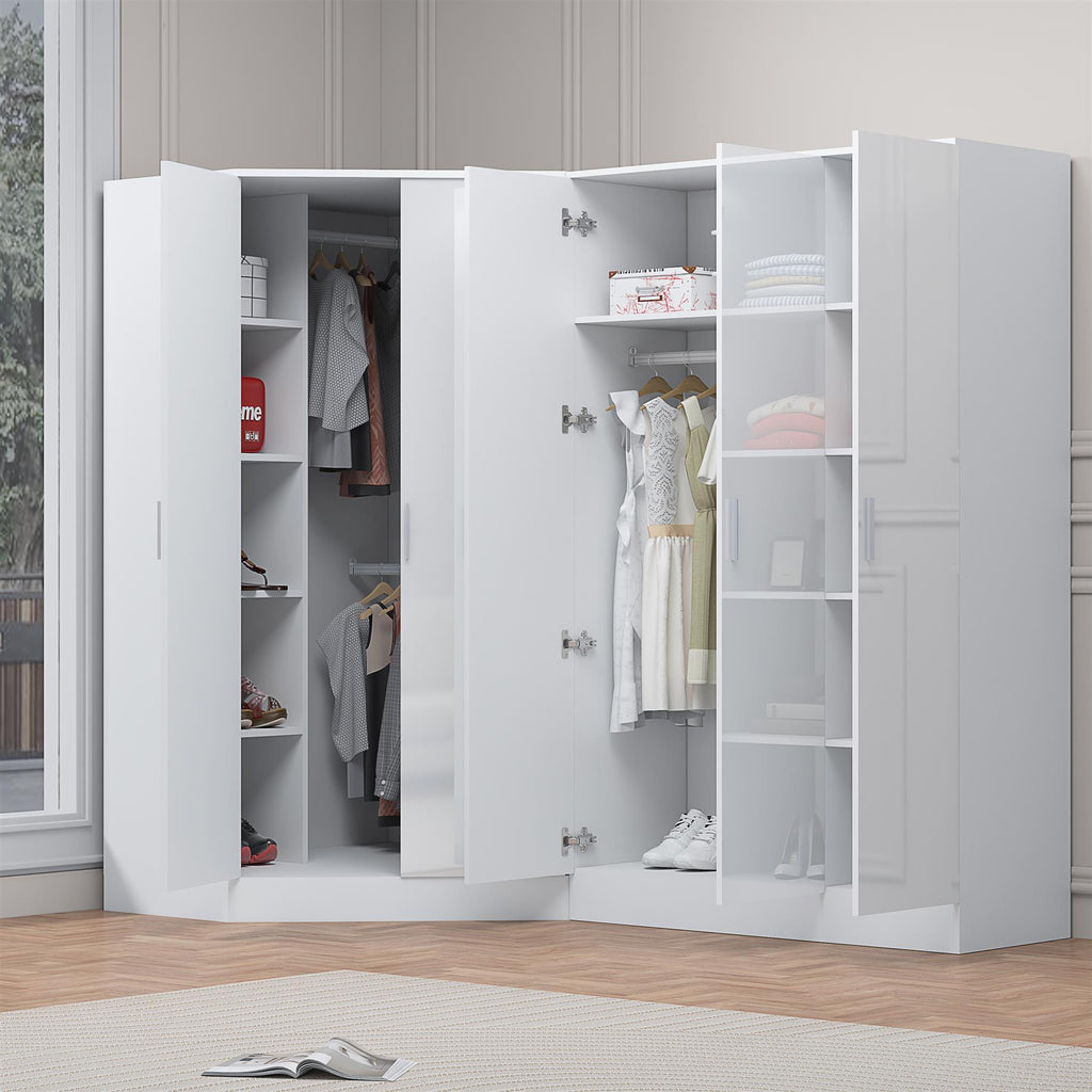 Reflect 2pc Wardrobe Bundle - 2 Door Corner + 3 Door Plain - White Gloss & Matt White - H: 180cm x W: 179cm x D: 103cm